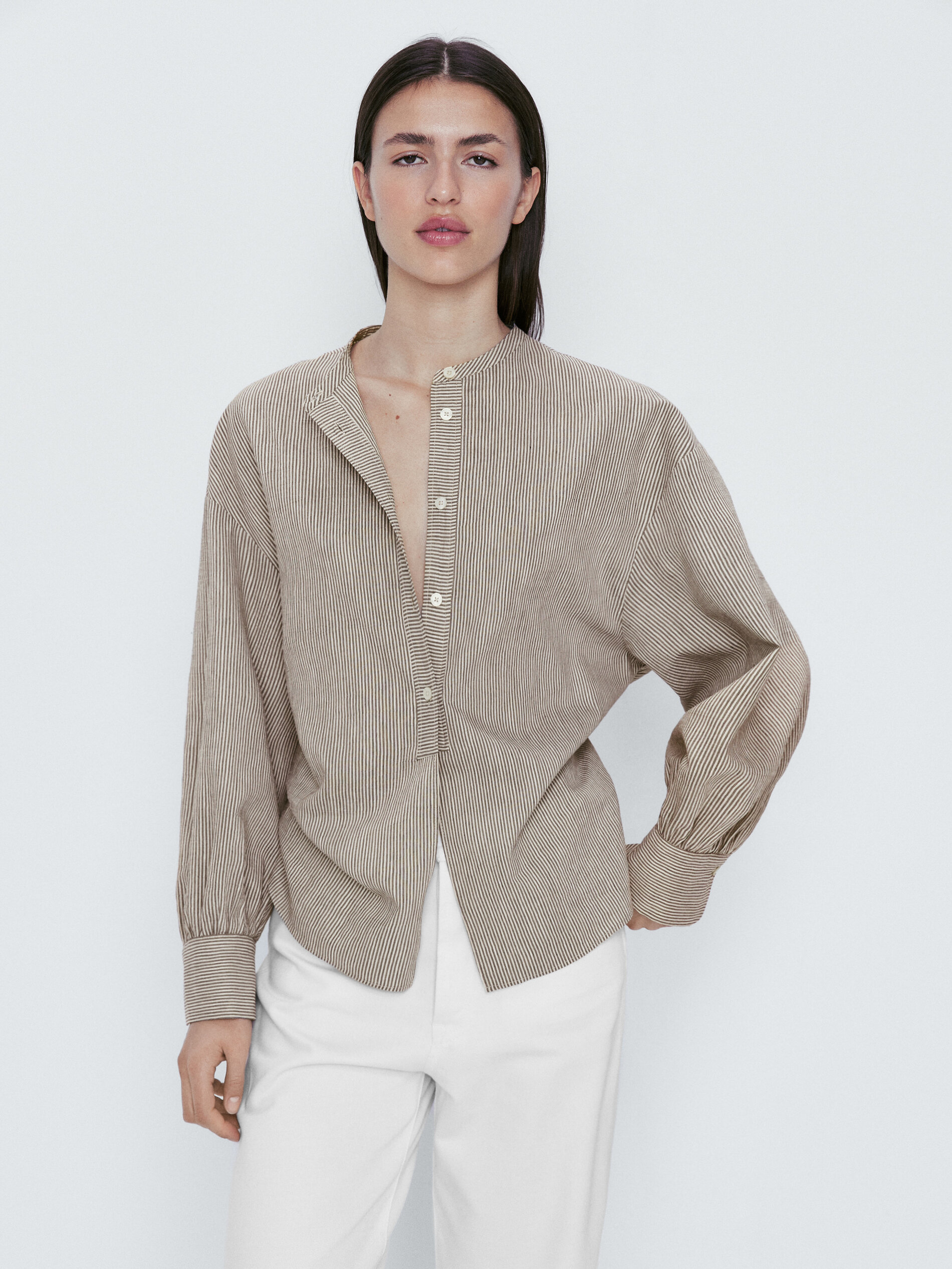 Camisa rayas manga volumen cuello mao - MARRÓN