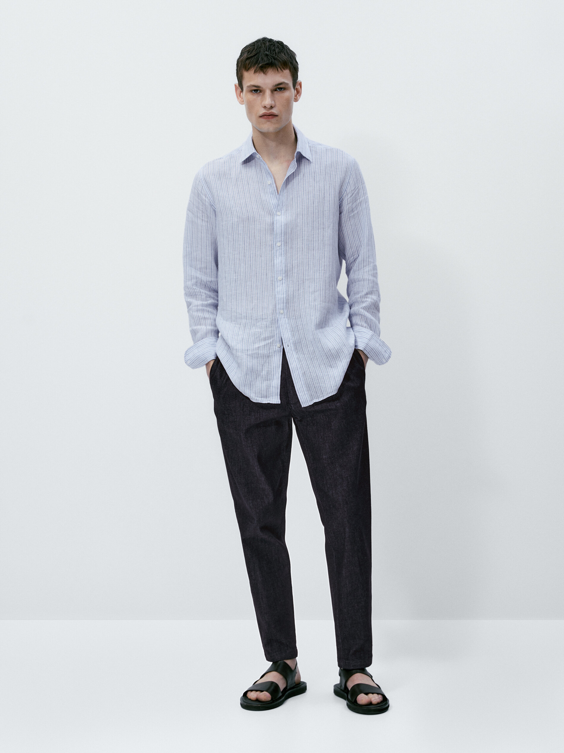 Camisa rayas 100% lino slim fit - CELESTE