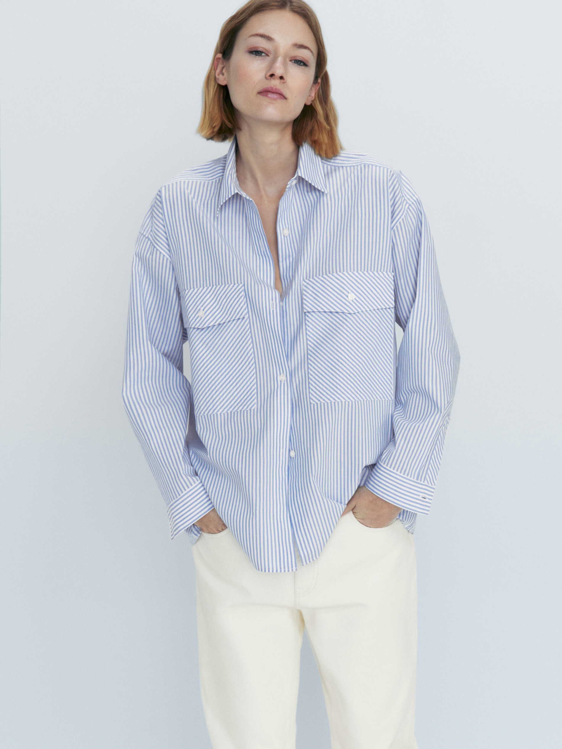 Camisa popelín rayas bolsillos - CELESTE