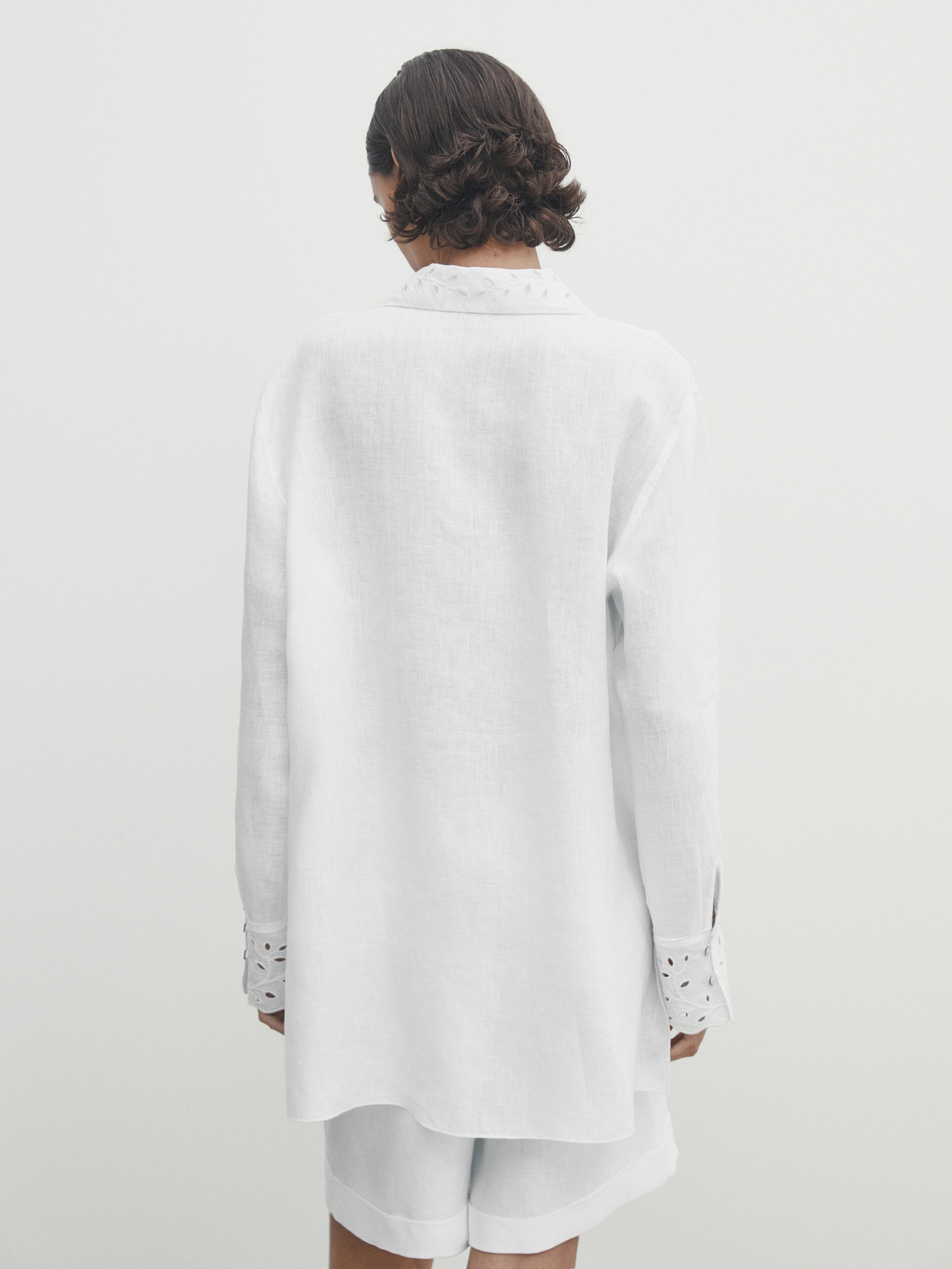 Camisa lino bordados perforados - BLANCO