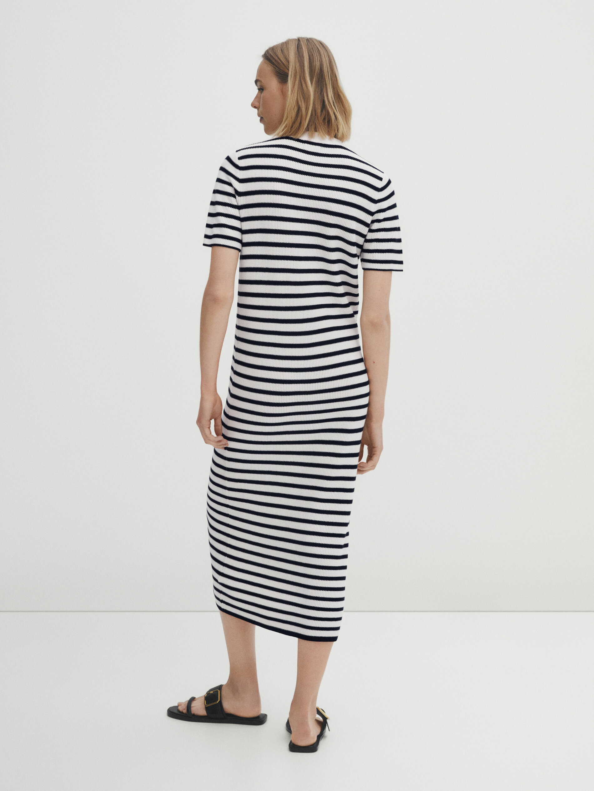 Vestido midi rayas algodón estructura - AZUL MARINO