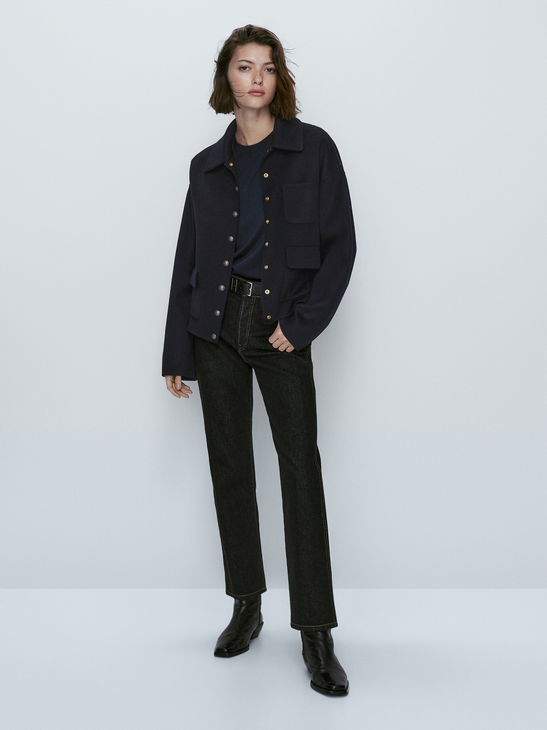 Abrigo corto mezcla lana botones dorados - AZUL MARINO