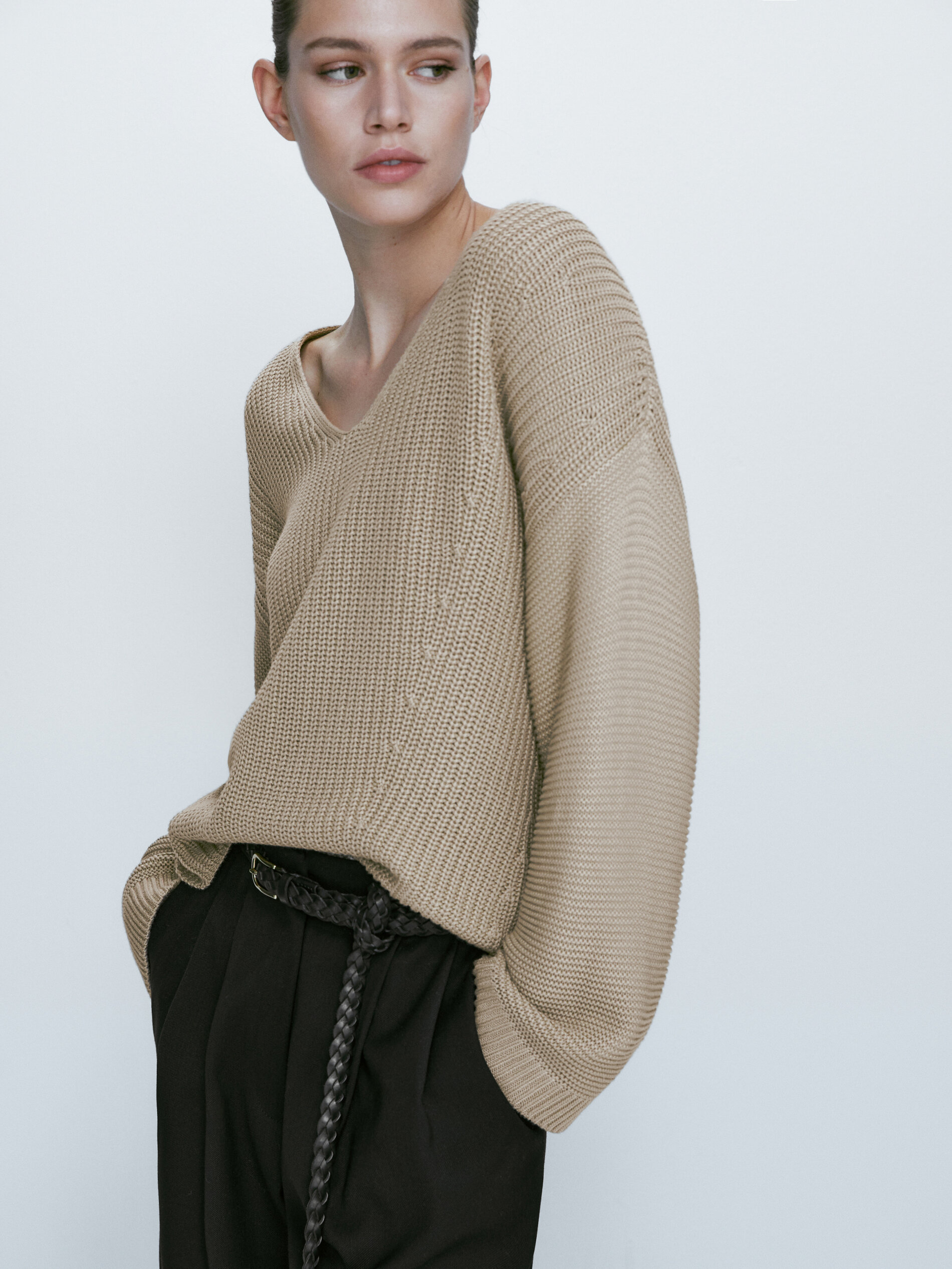 Jersey punto perlado detalle mangas - Piedra