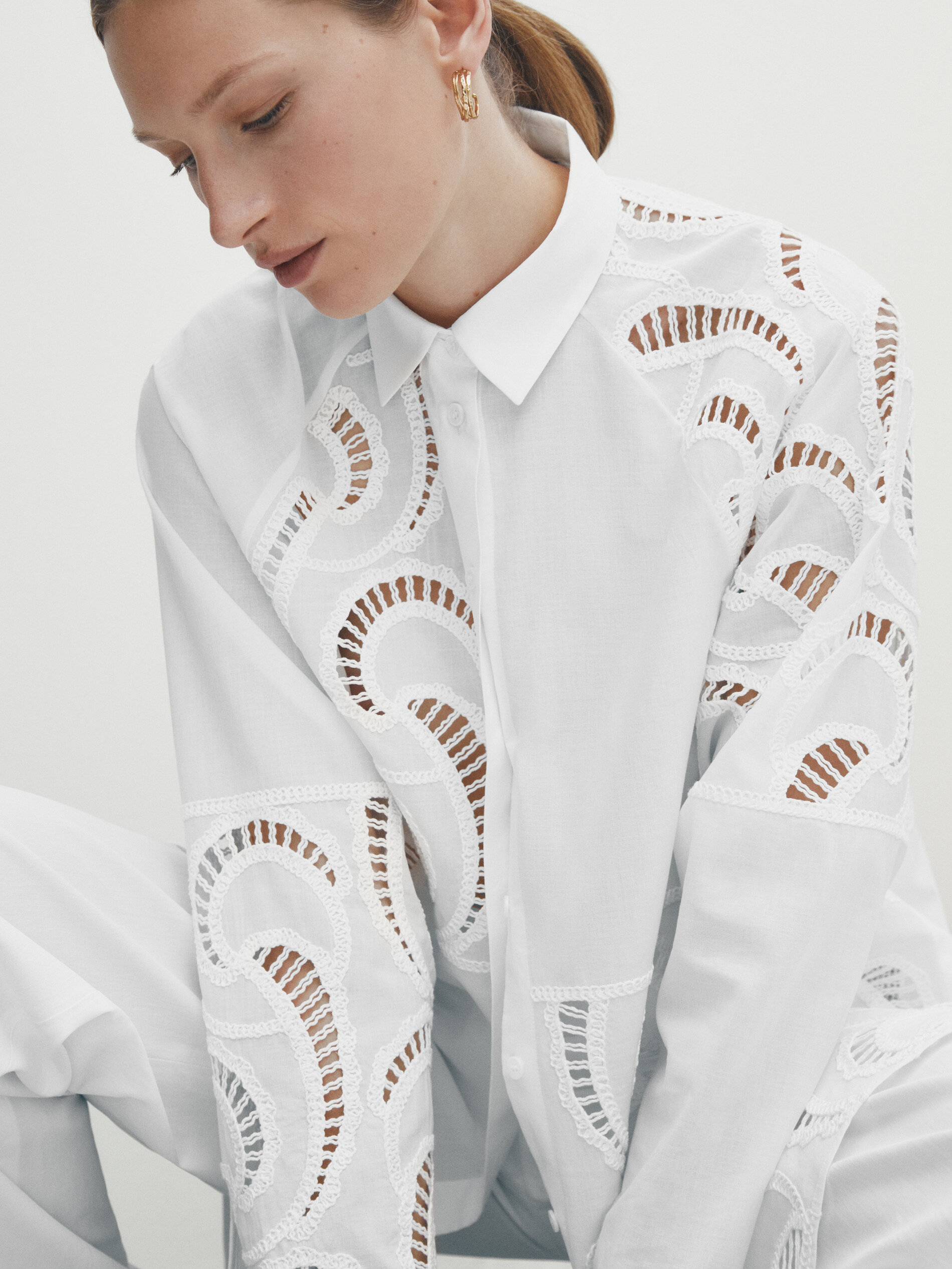 Camisa con algodón detalle crochet - BLANCO