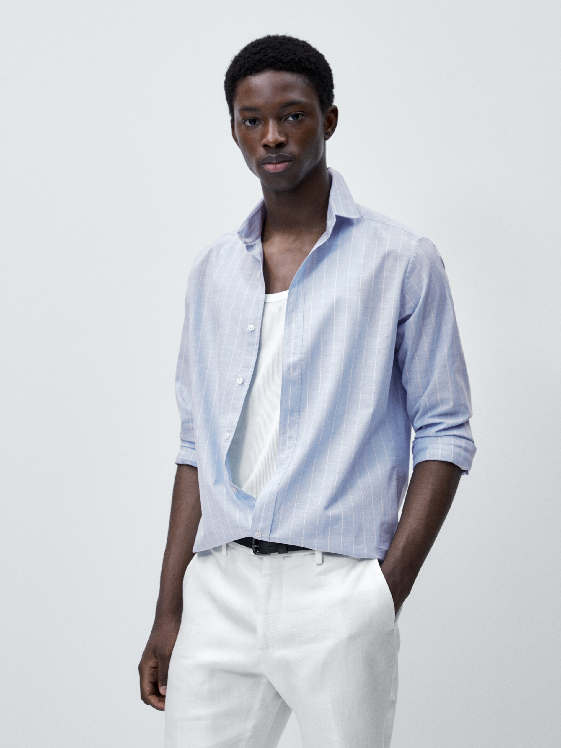 Camisa rayas algodón flamé regular fit - CELESTE