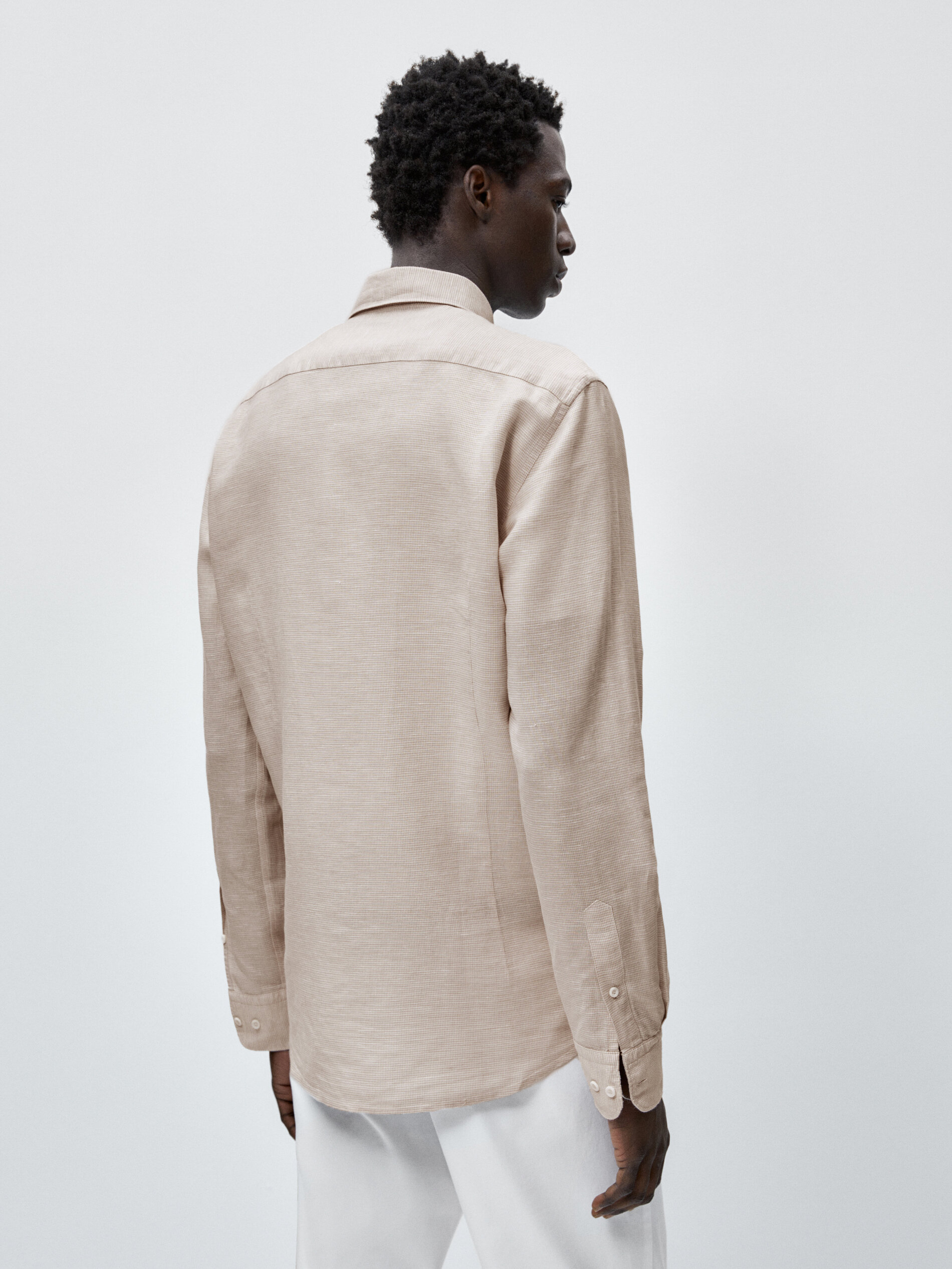 Camisa con lino pata de gallo slim fit - BEIGE