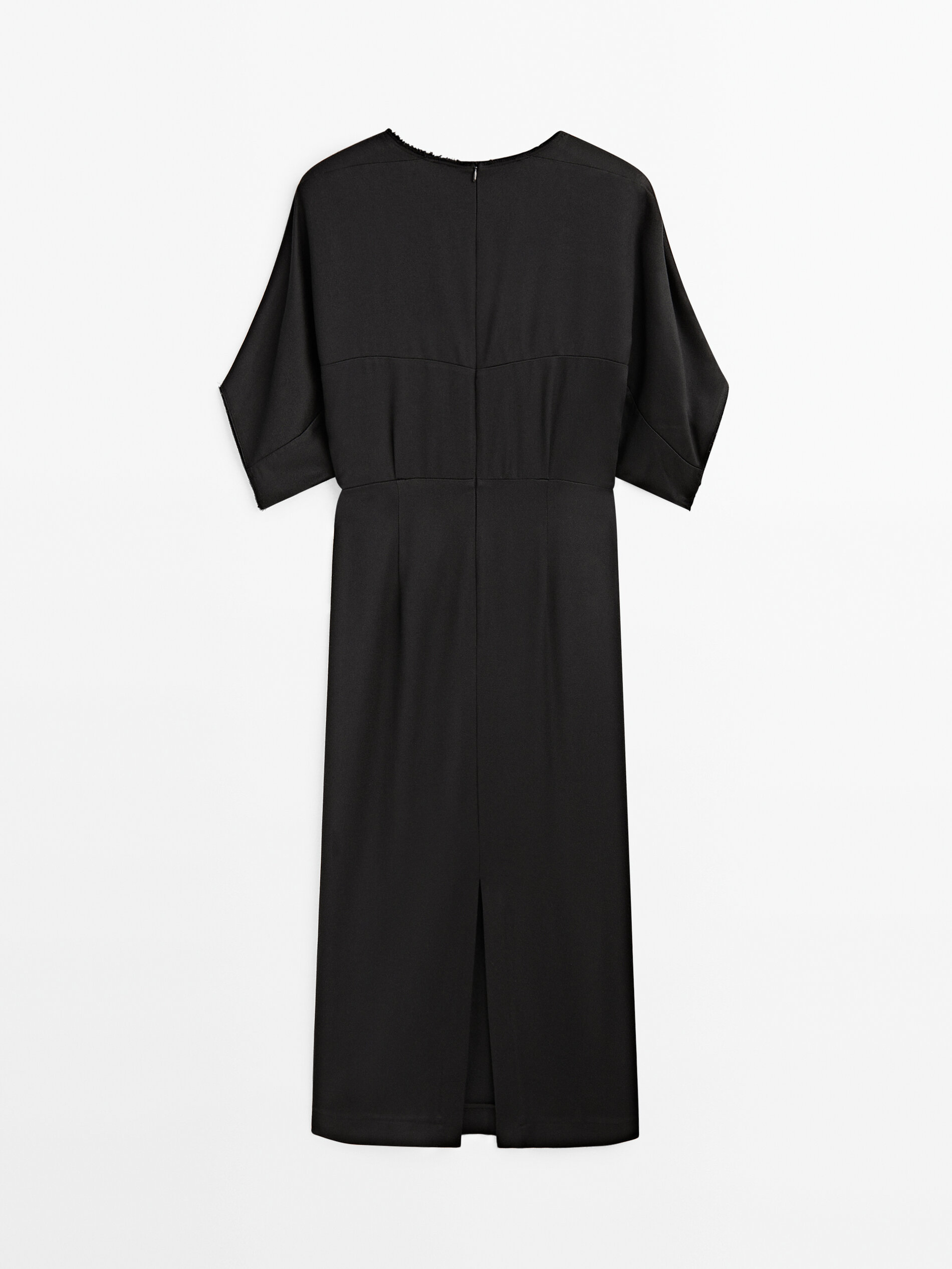 Vestido midi fluido cuello pico - NEGRO