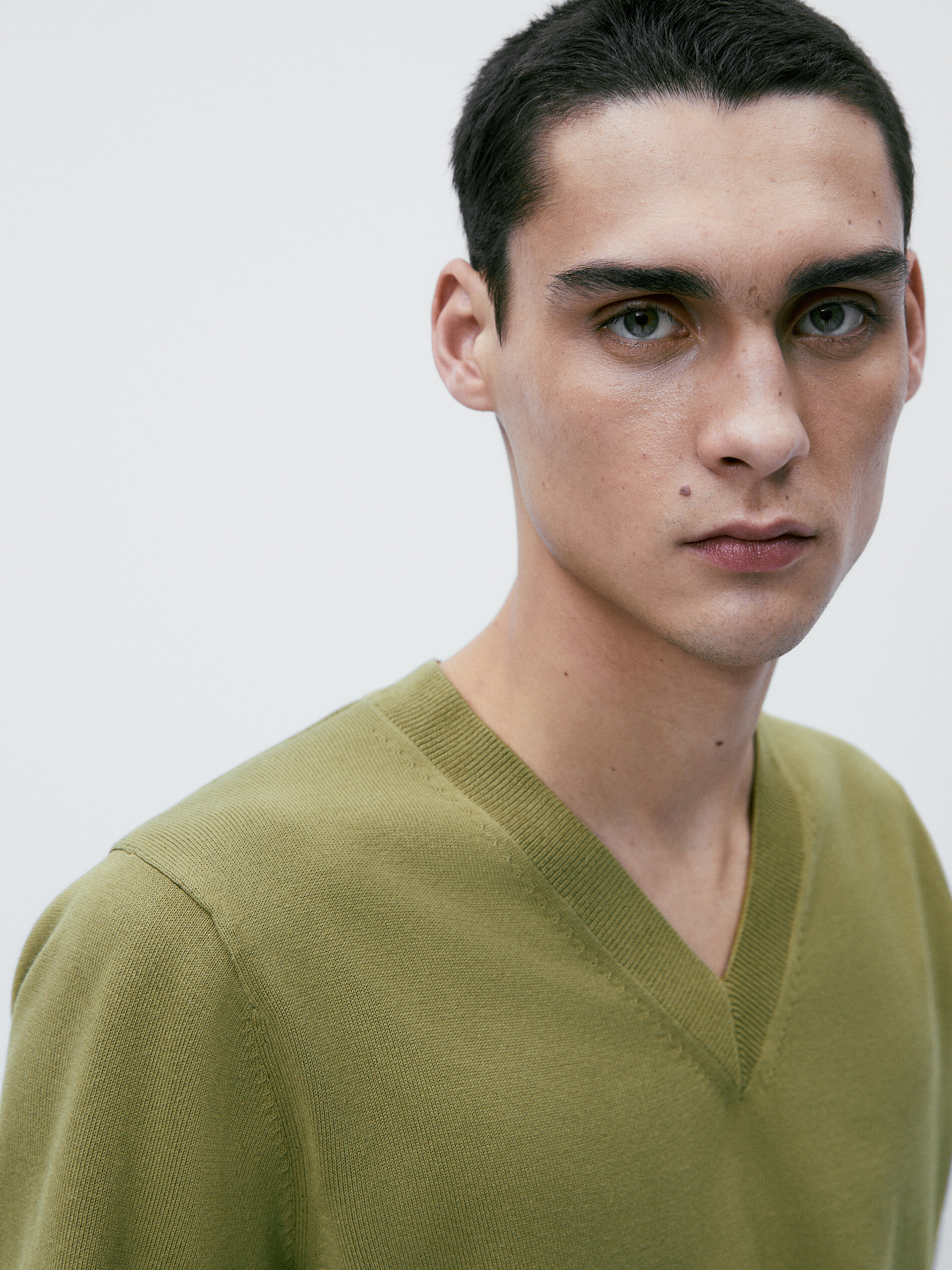 Jersey cuello pico algodón - Kaki