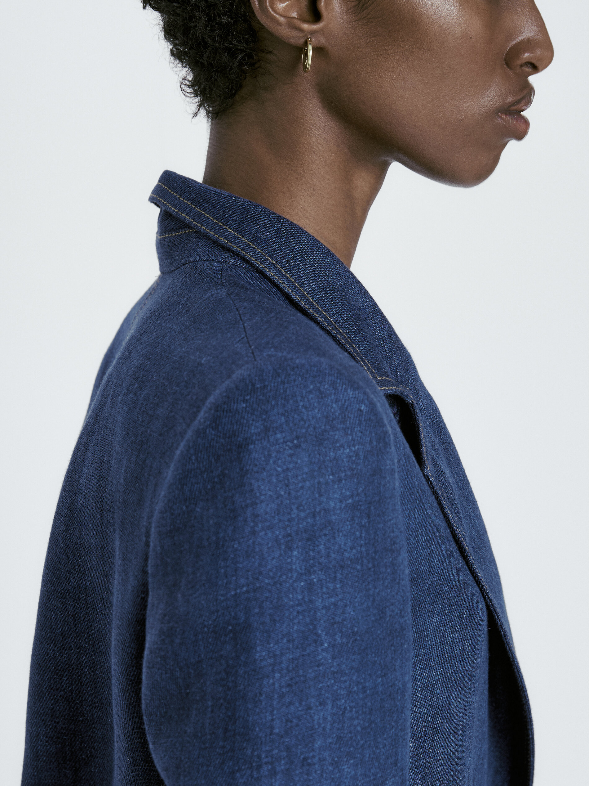 Americana un botón lino pespuntes - AZUL MARINO