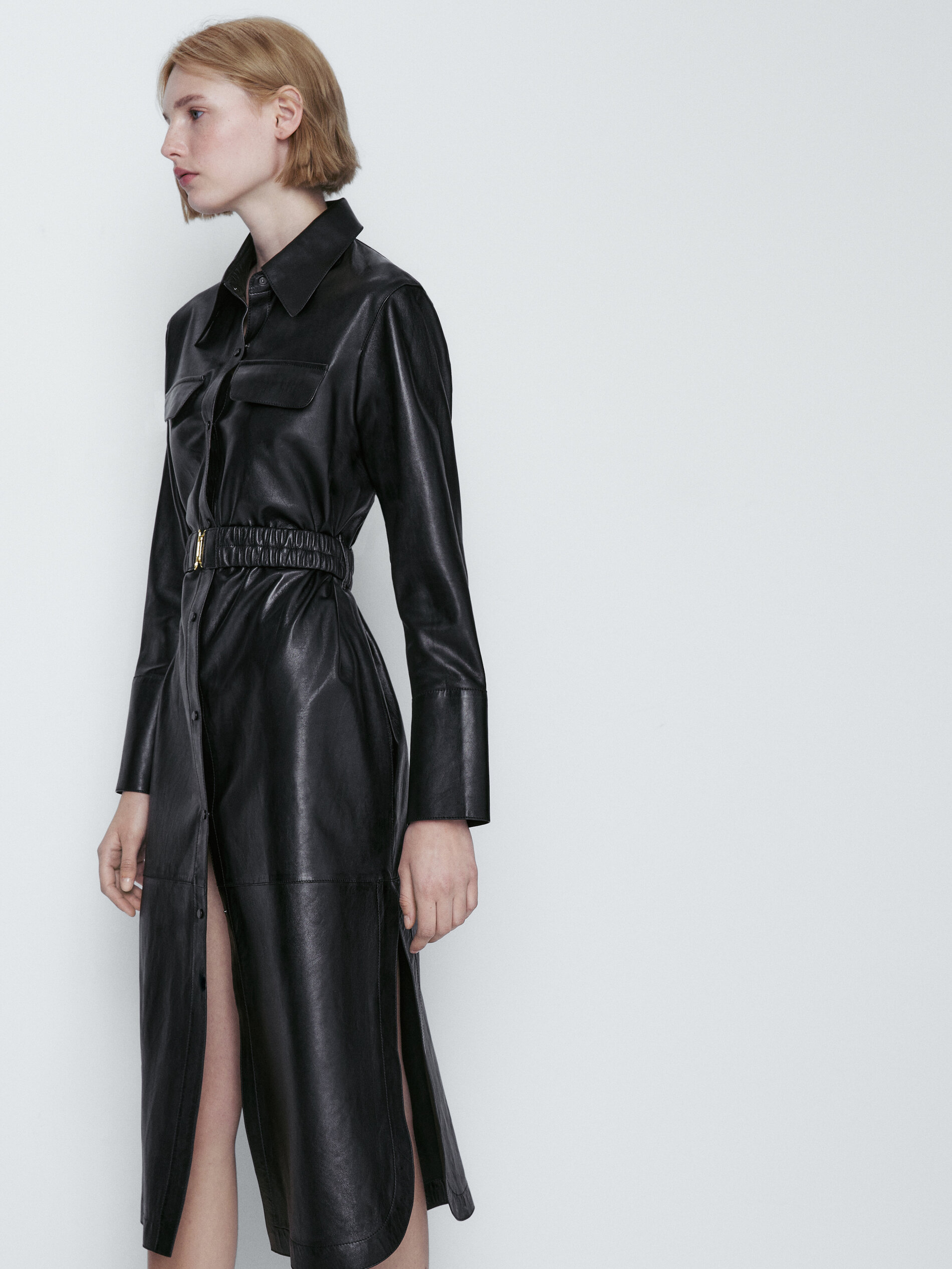 Vestido piel napa cinturón elástico - NEGRO