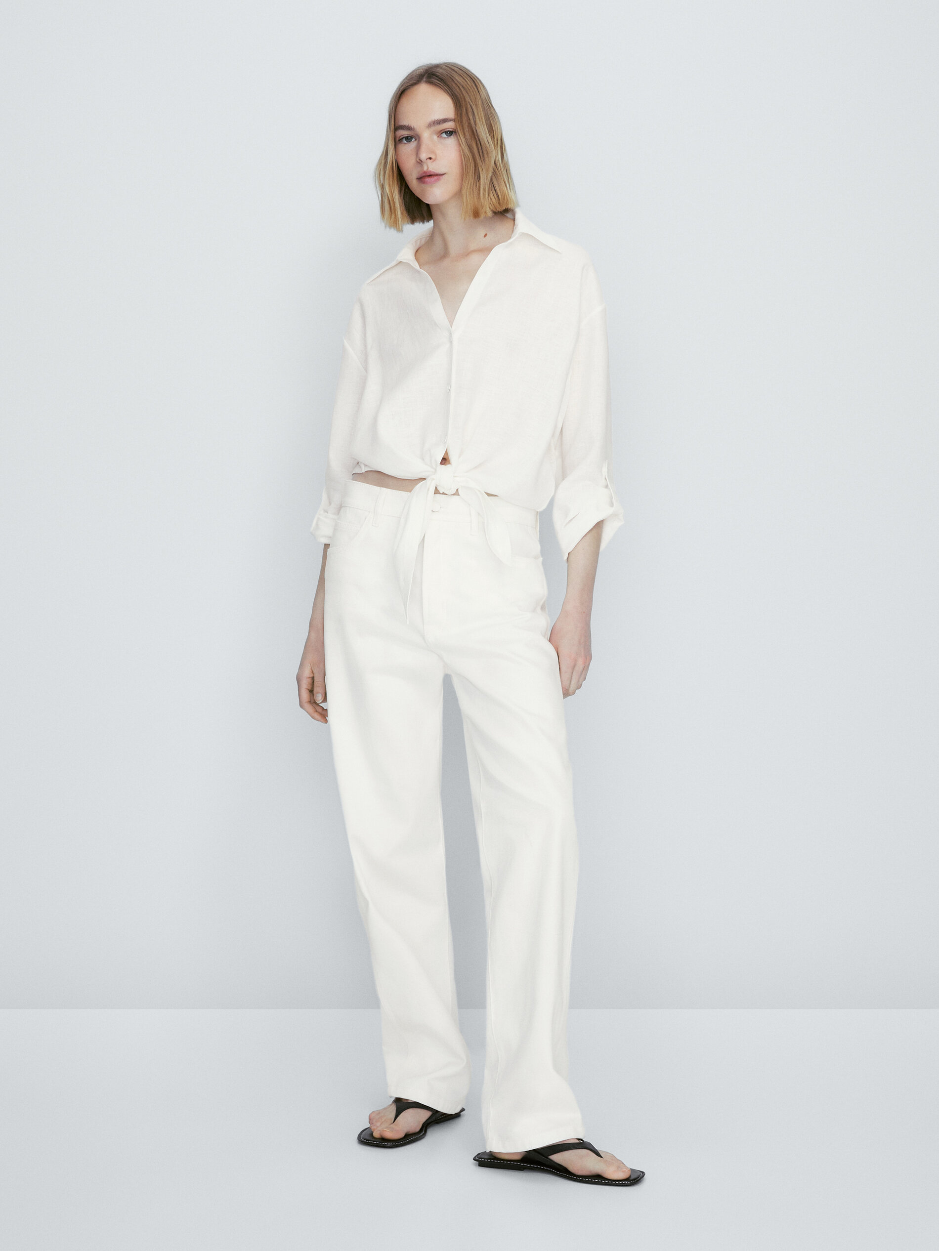 Camiseta 100% lino nudo frontal - CRUDO