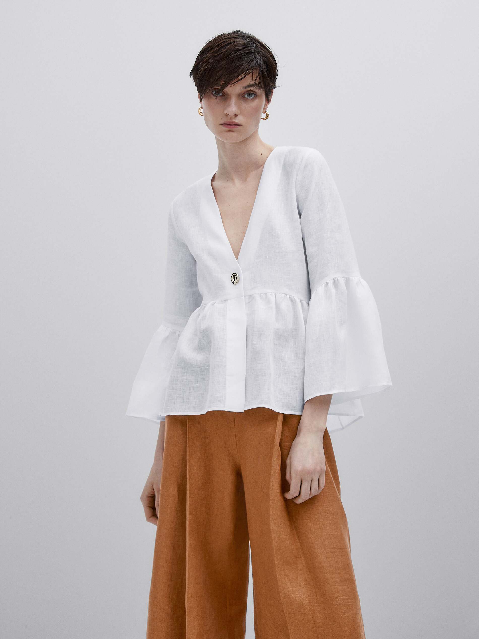 Camisa peplum lino botón -Studio - BLANCO