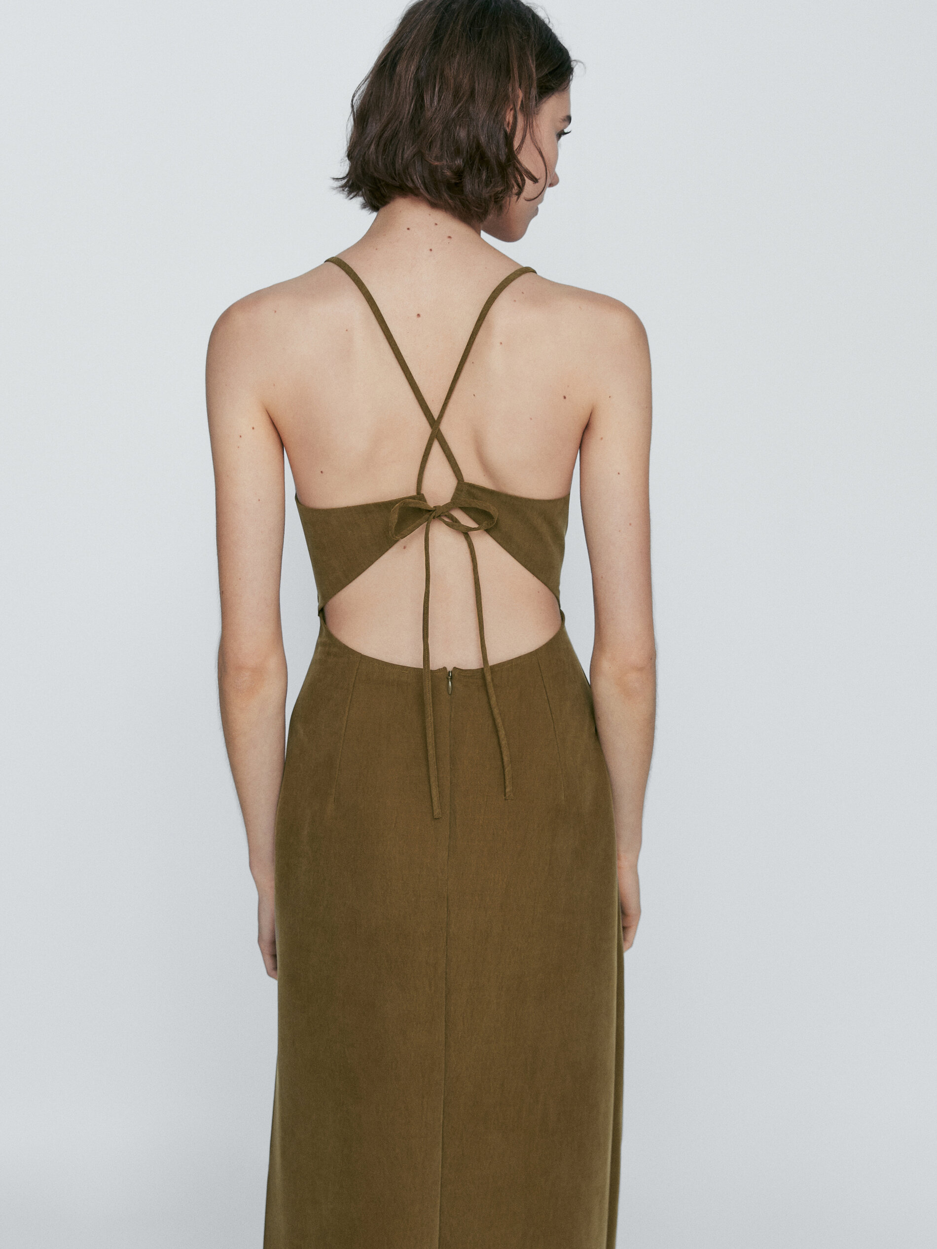 Vestido midi tirantes cupro abertura espalda - KAKI