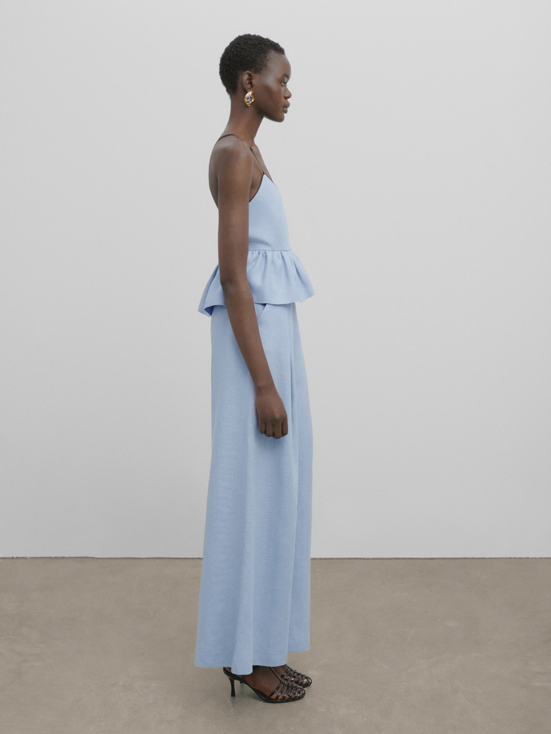 Pantalón lino ancho pinzas -Studio - CELESTE