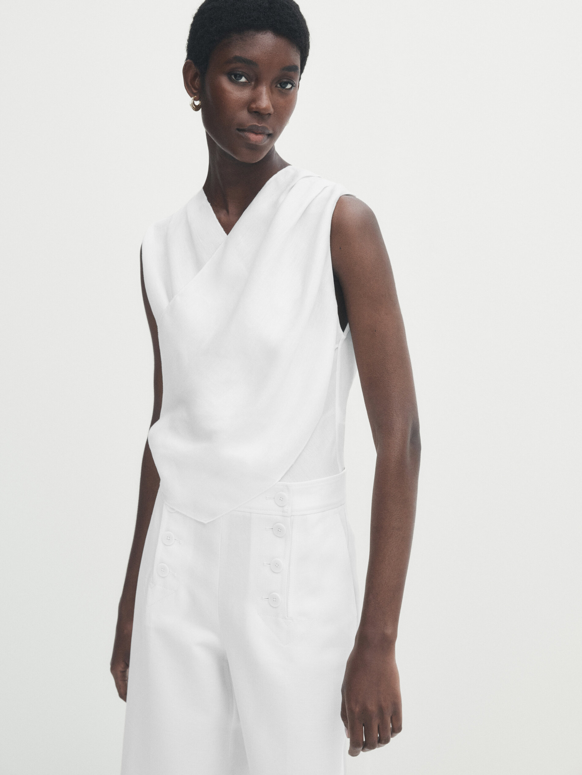 Pantalón ancho mezcla algodón lino botones - BLANCO