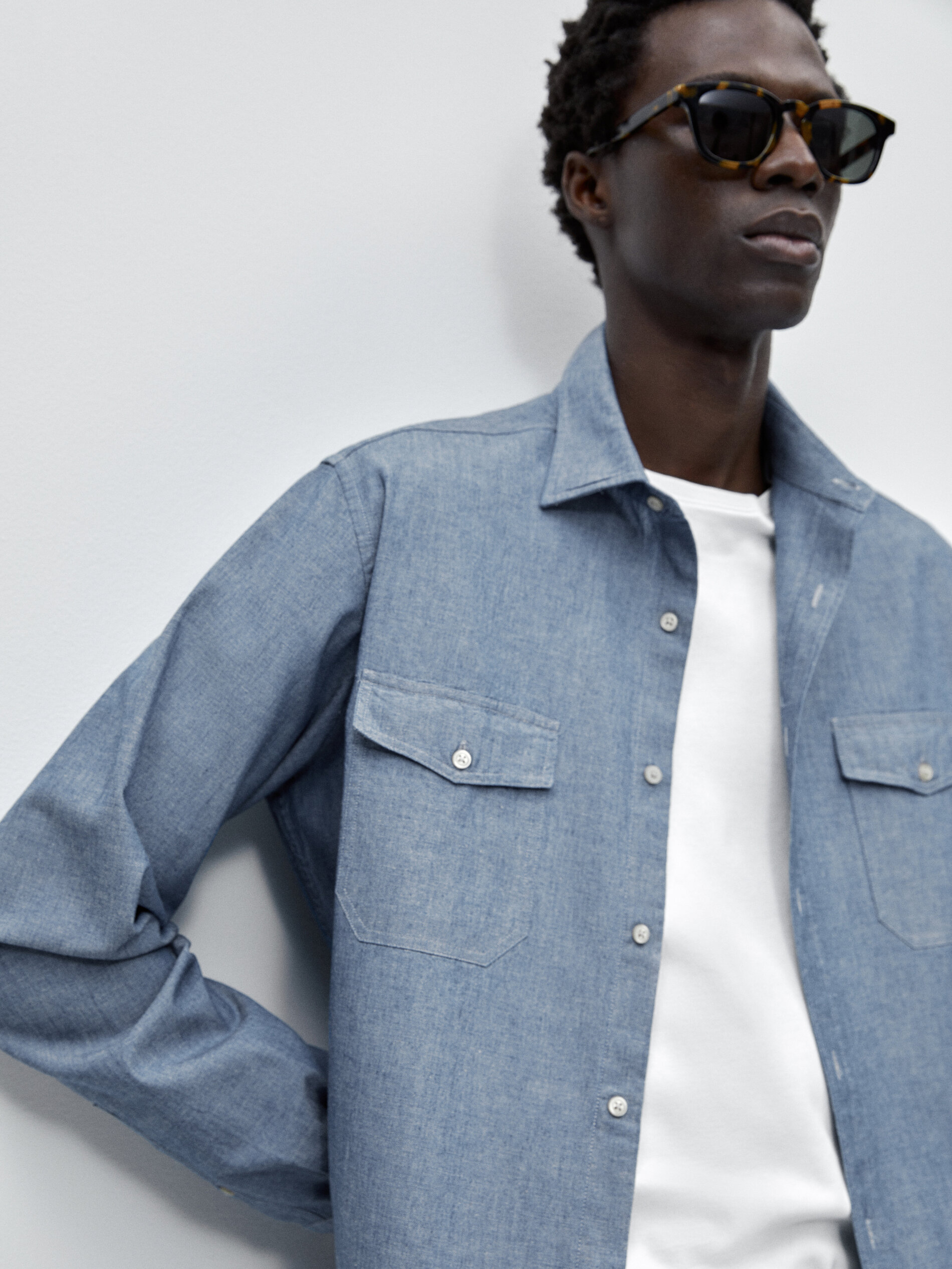 Camisa denim chambray bolsillos regular fit - Azul Claro