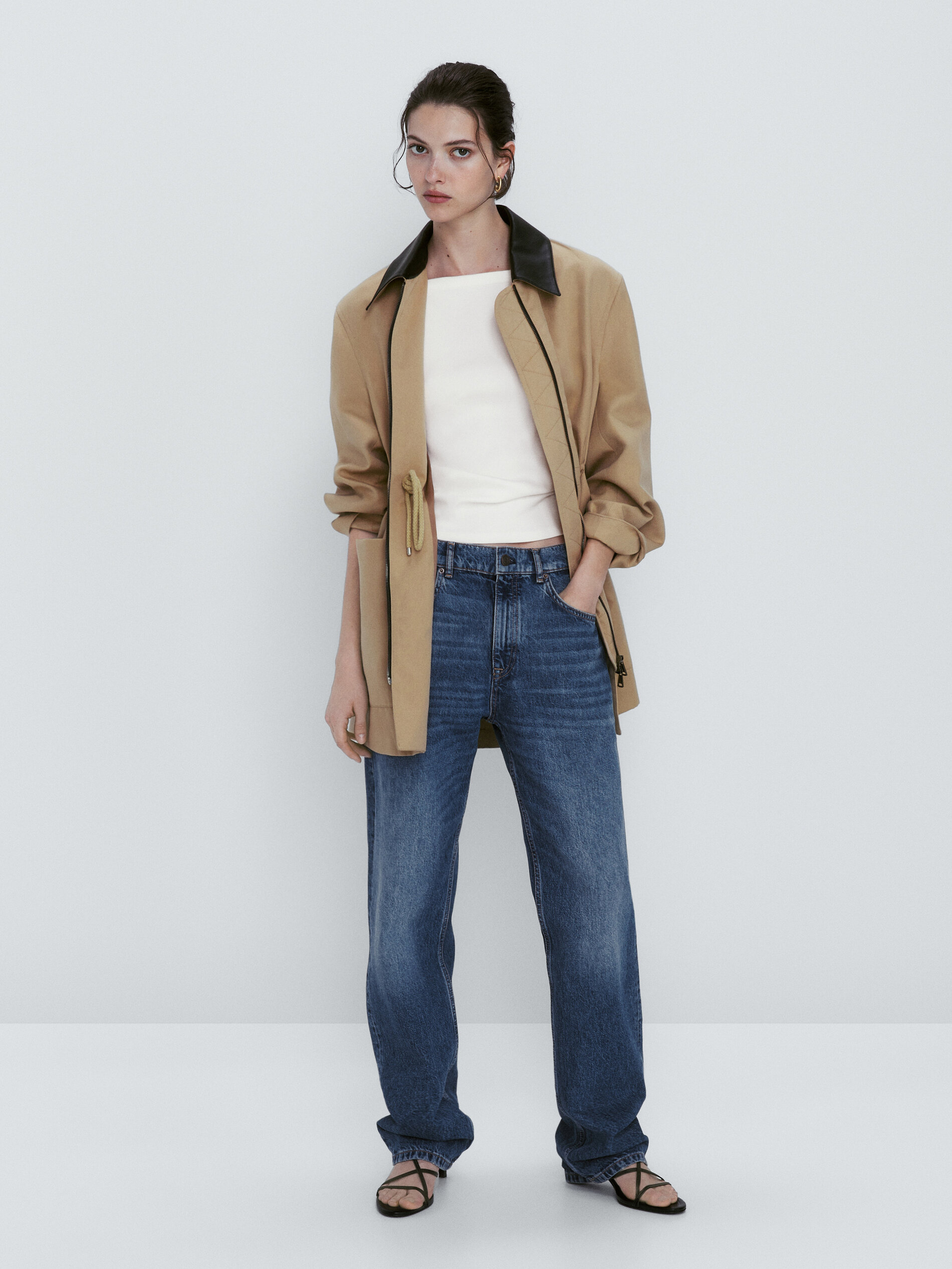 Parka mezcla algodón cuello contraste - BEIGE