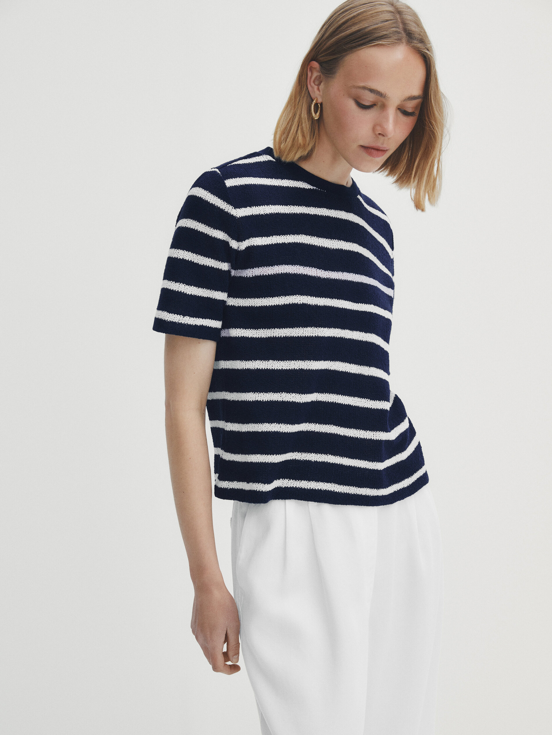 Camiseta rayas mezcla algodón estructura - AZUL MARINO