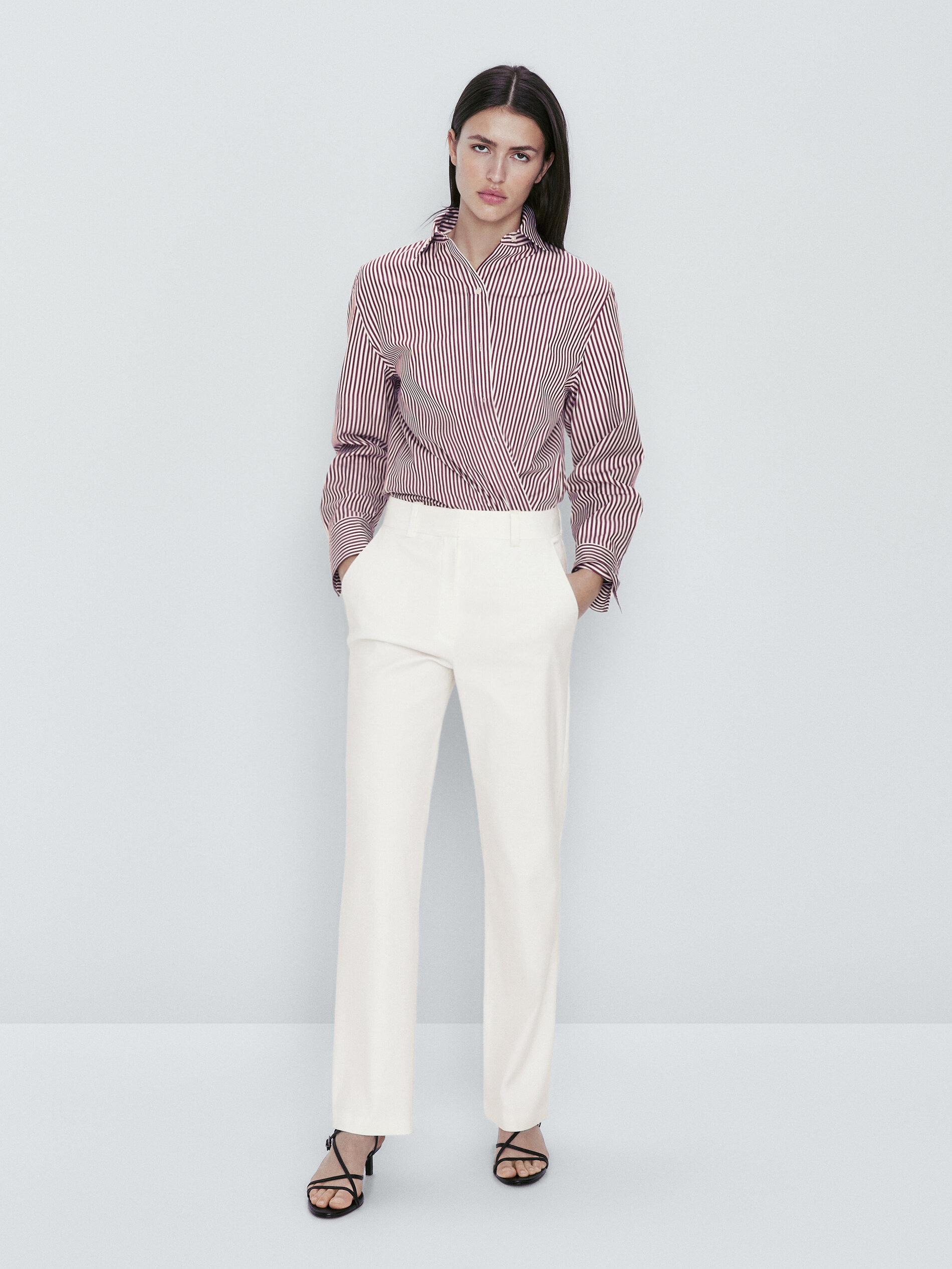 Pantalón con lino recto - BLANCO