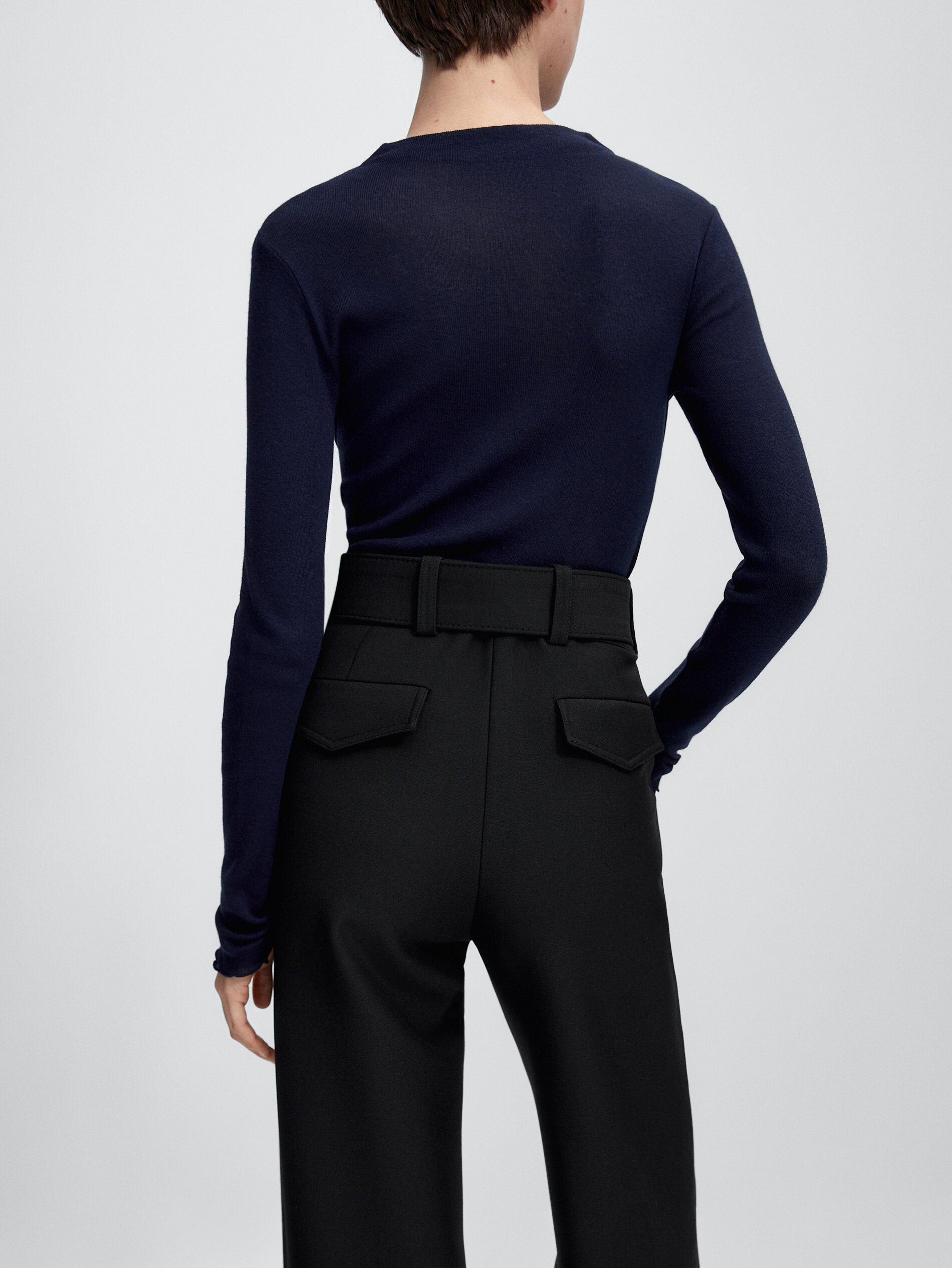 Pantalón tiro alto recto cinturón - NEGRO