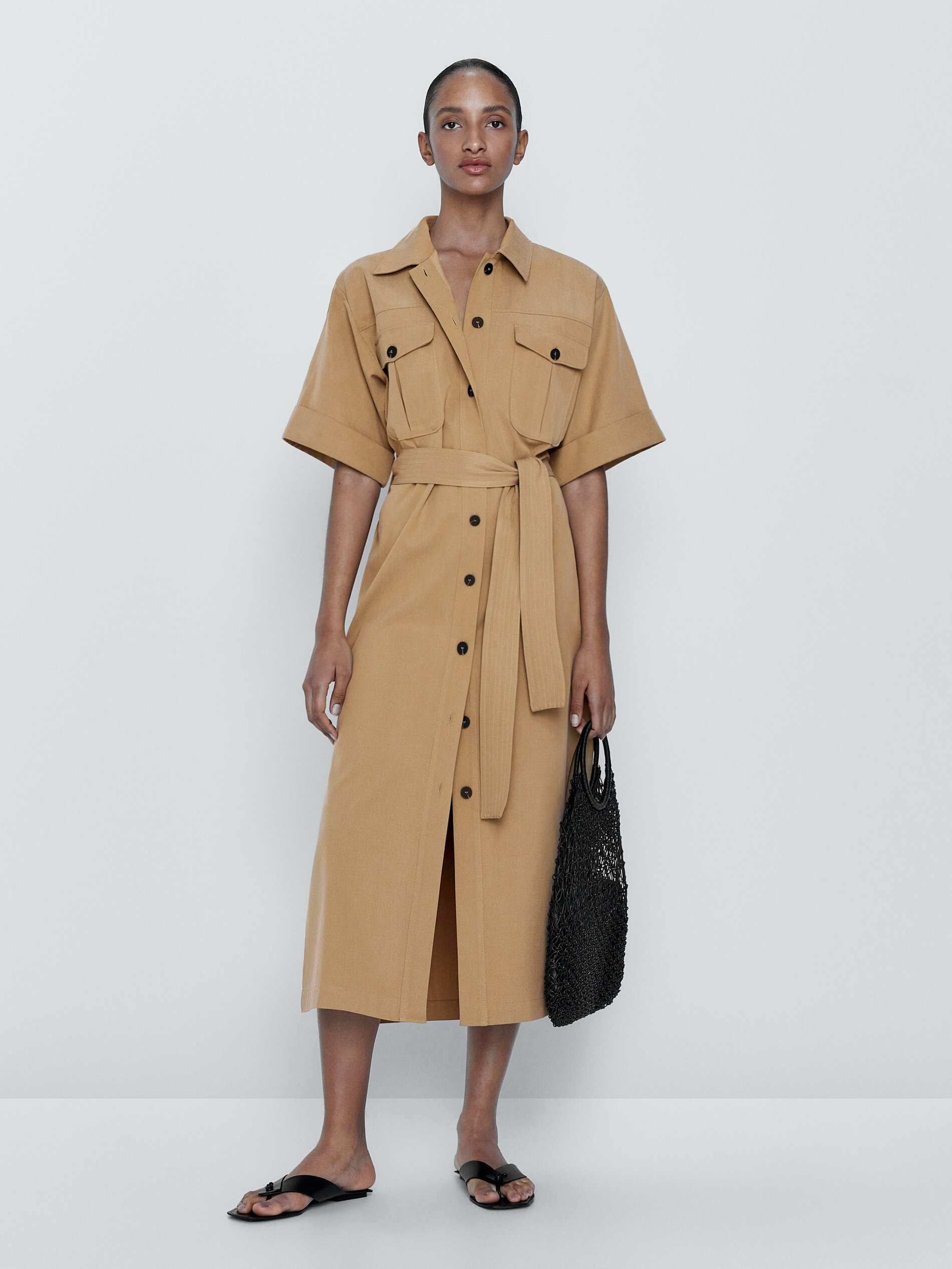 Vestido midi bolsillos - BEIGE