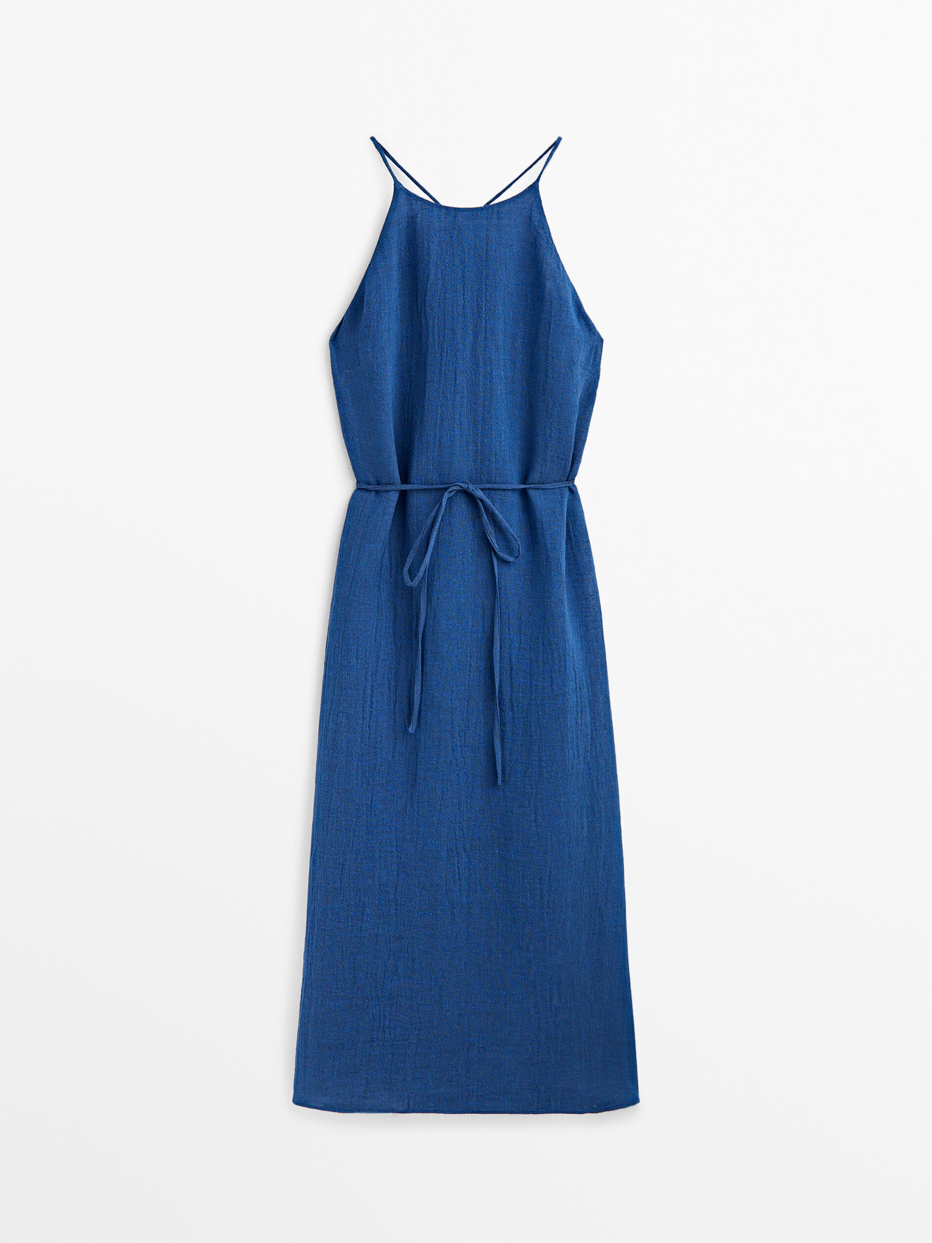 Vestido halter mezcla lino gofrado - AZUL