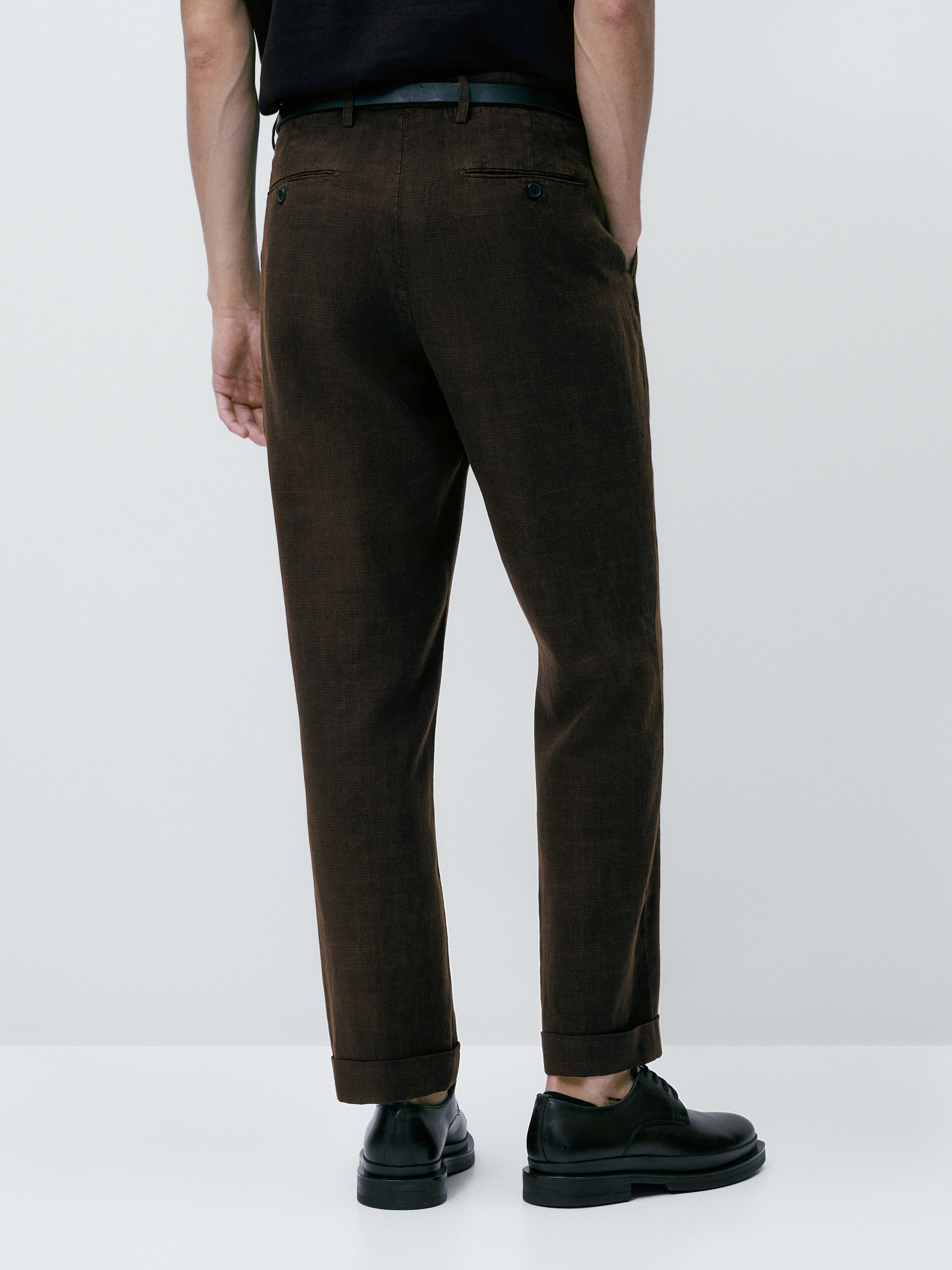 Pantalón traje con lino tintado falso cuadro - MARRÓN
