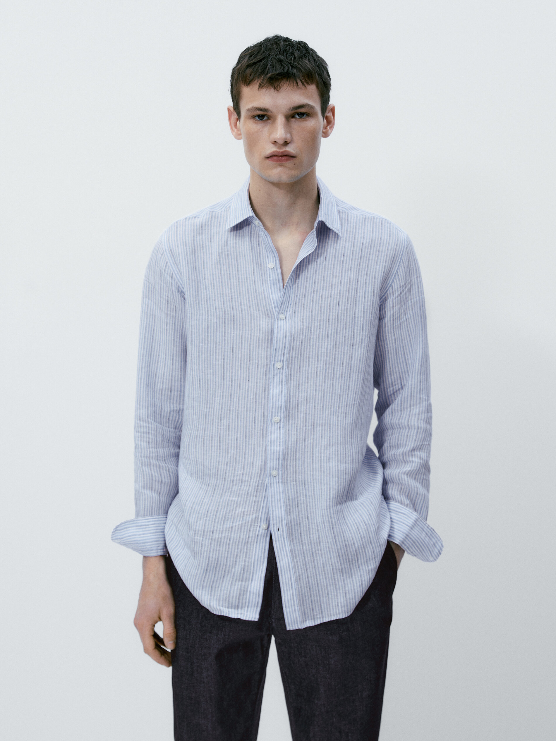 Camisa rayas 100% lino slim fit - CELESTE