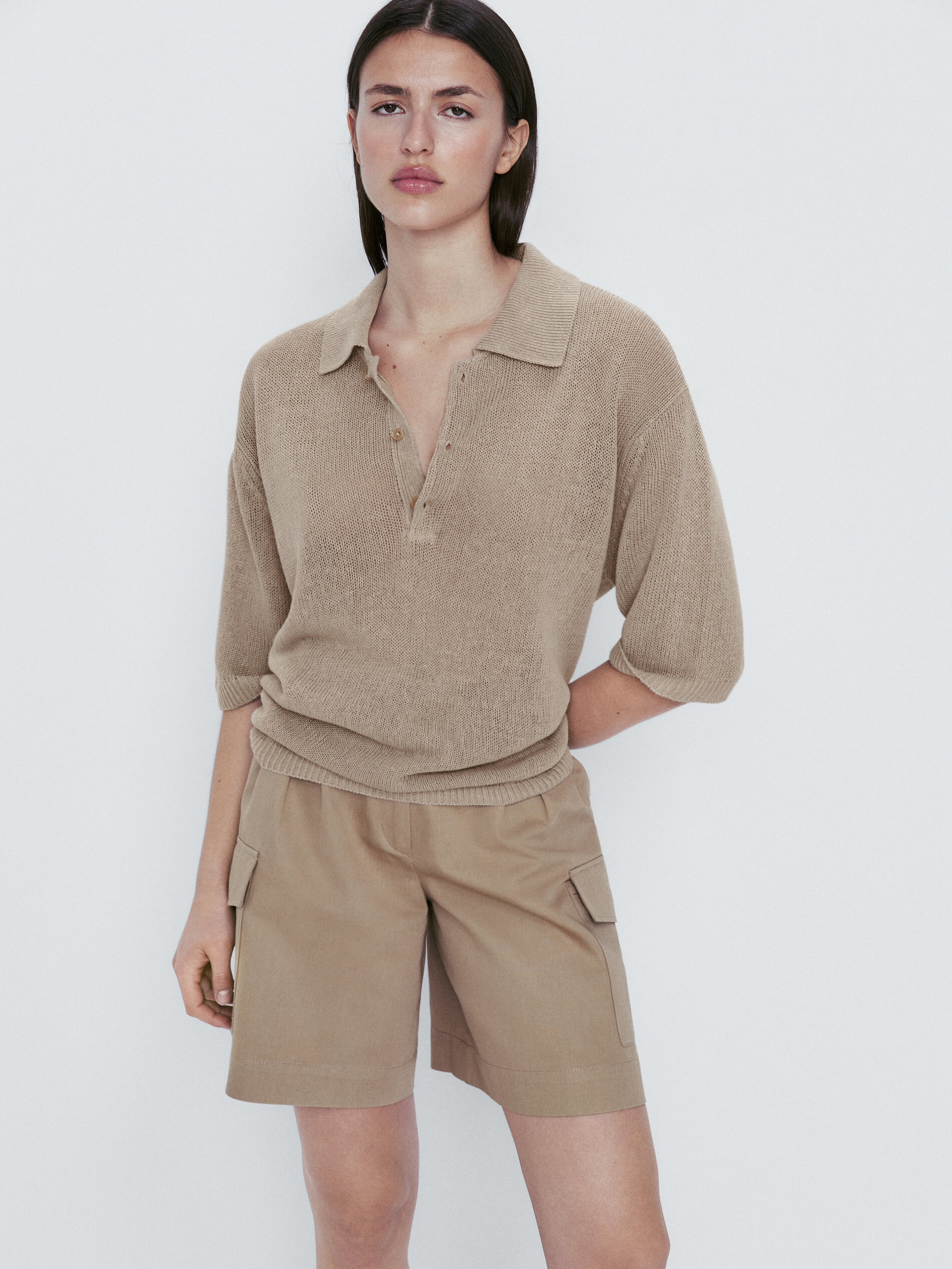 Jersey cuello polo botones 100% lino - Piedra