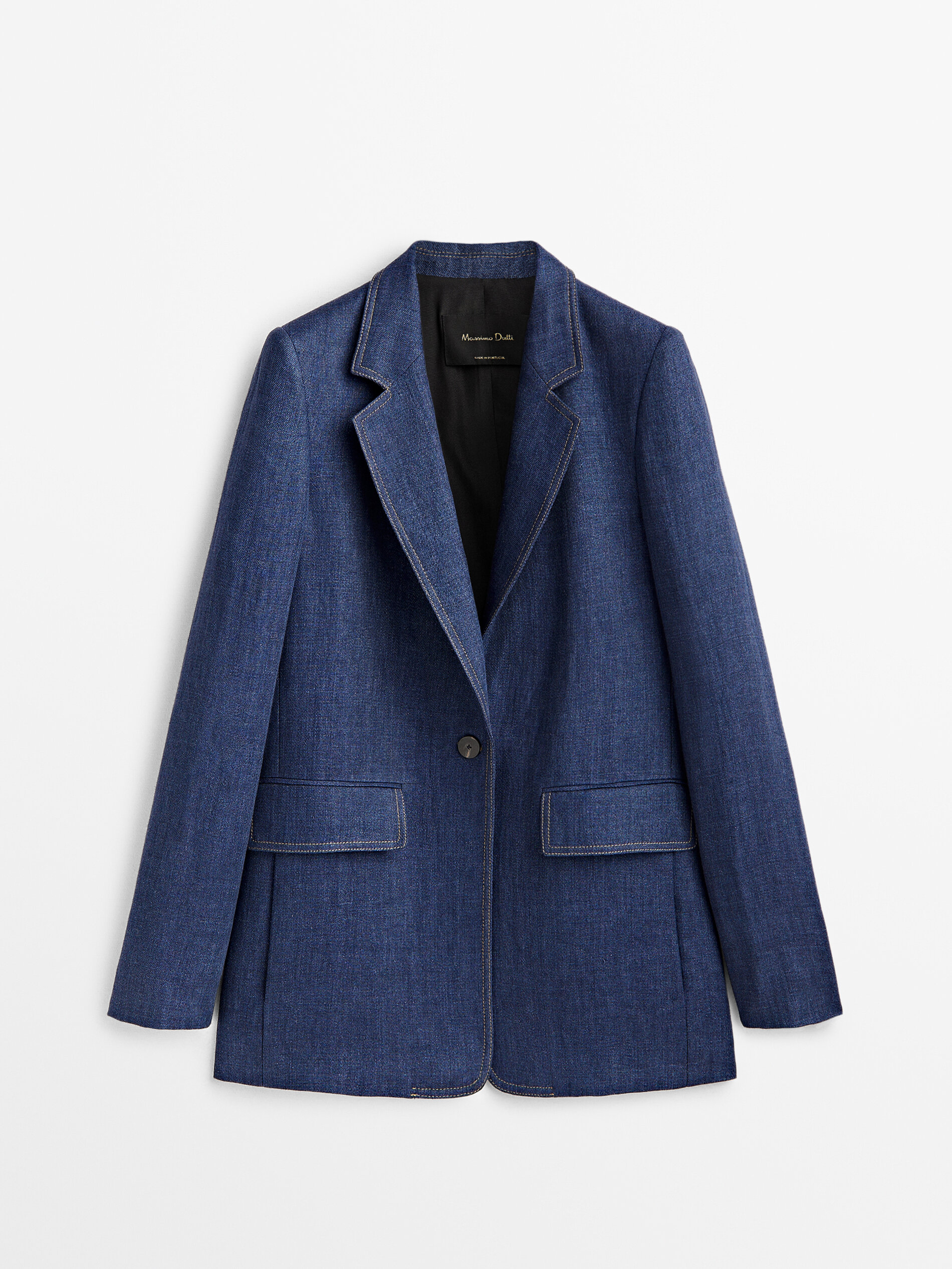 Americana un botón lino pespuntes - AZUL MARINO