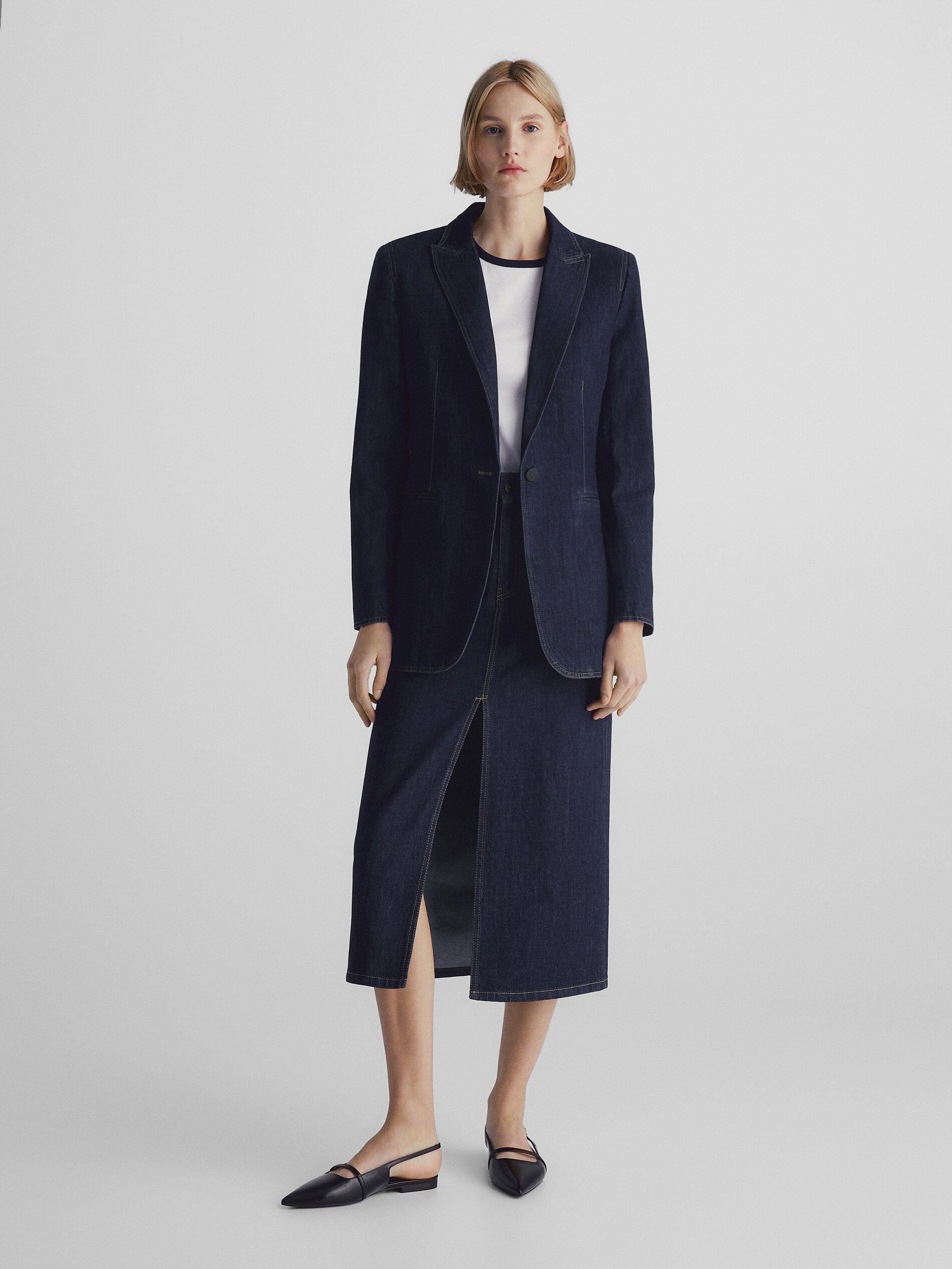 Americana denim un botón - AZUL MEDIO