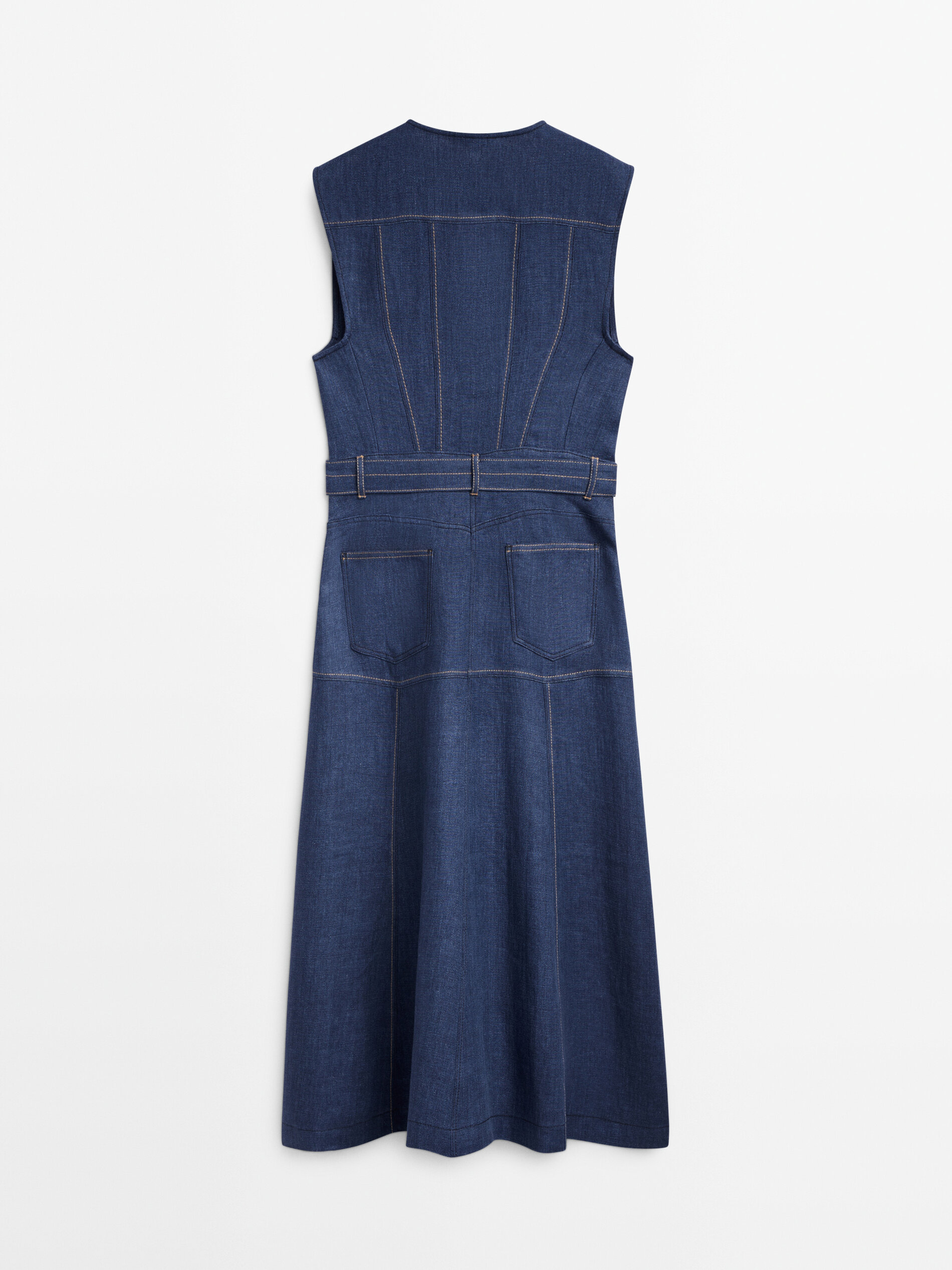 Vestido lino sin mangas pespuntes - AZUL MEDIO