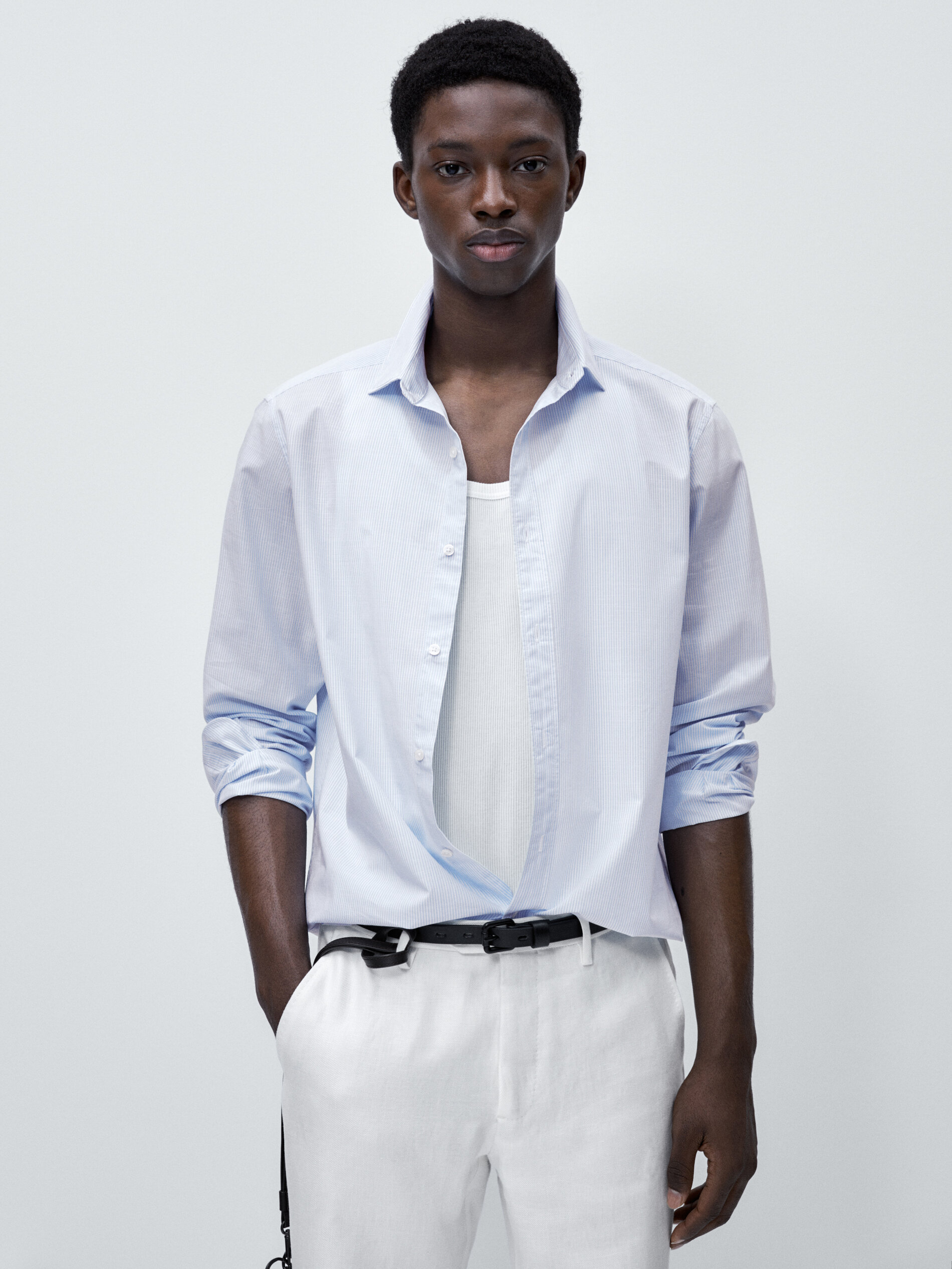 Camisa mil rayas algodón flamé slim fit - CELESTE