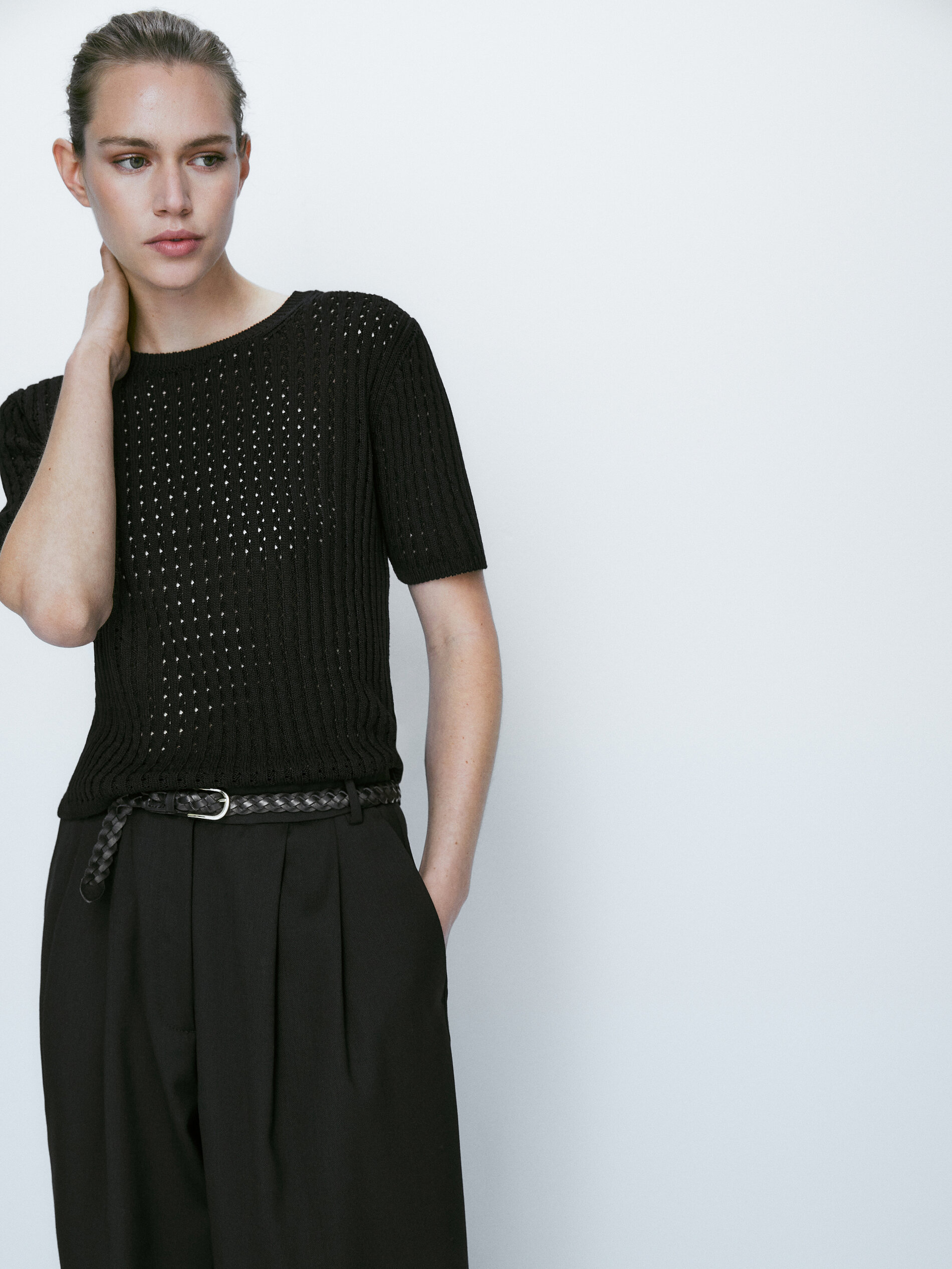 Jersey punto calado manga corta - NEGRO