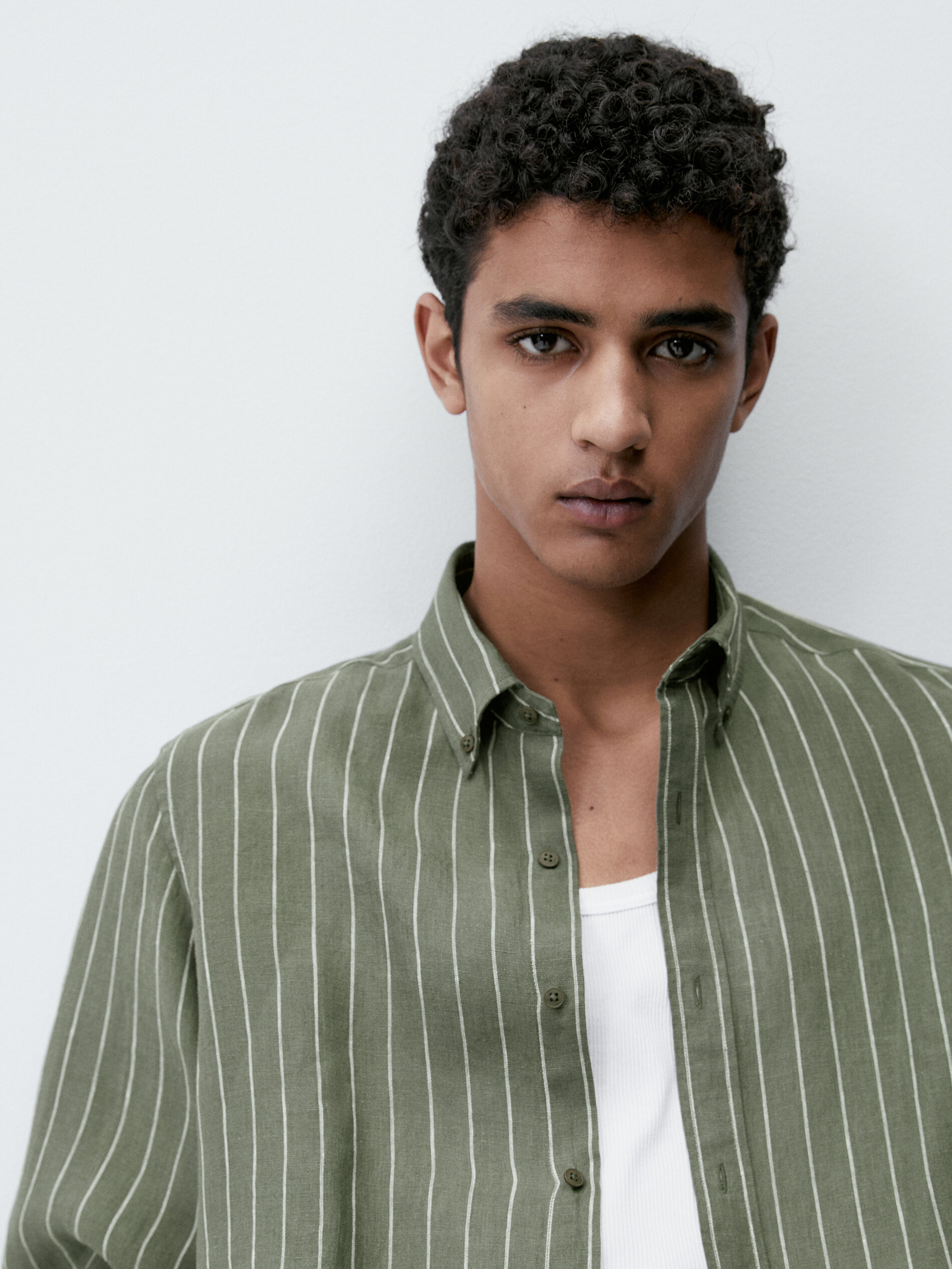 Camisa rayas 100% lino slim fit - VERDE