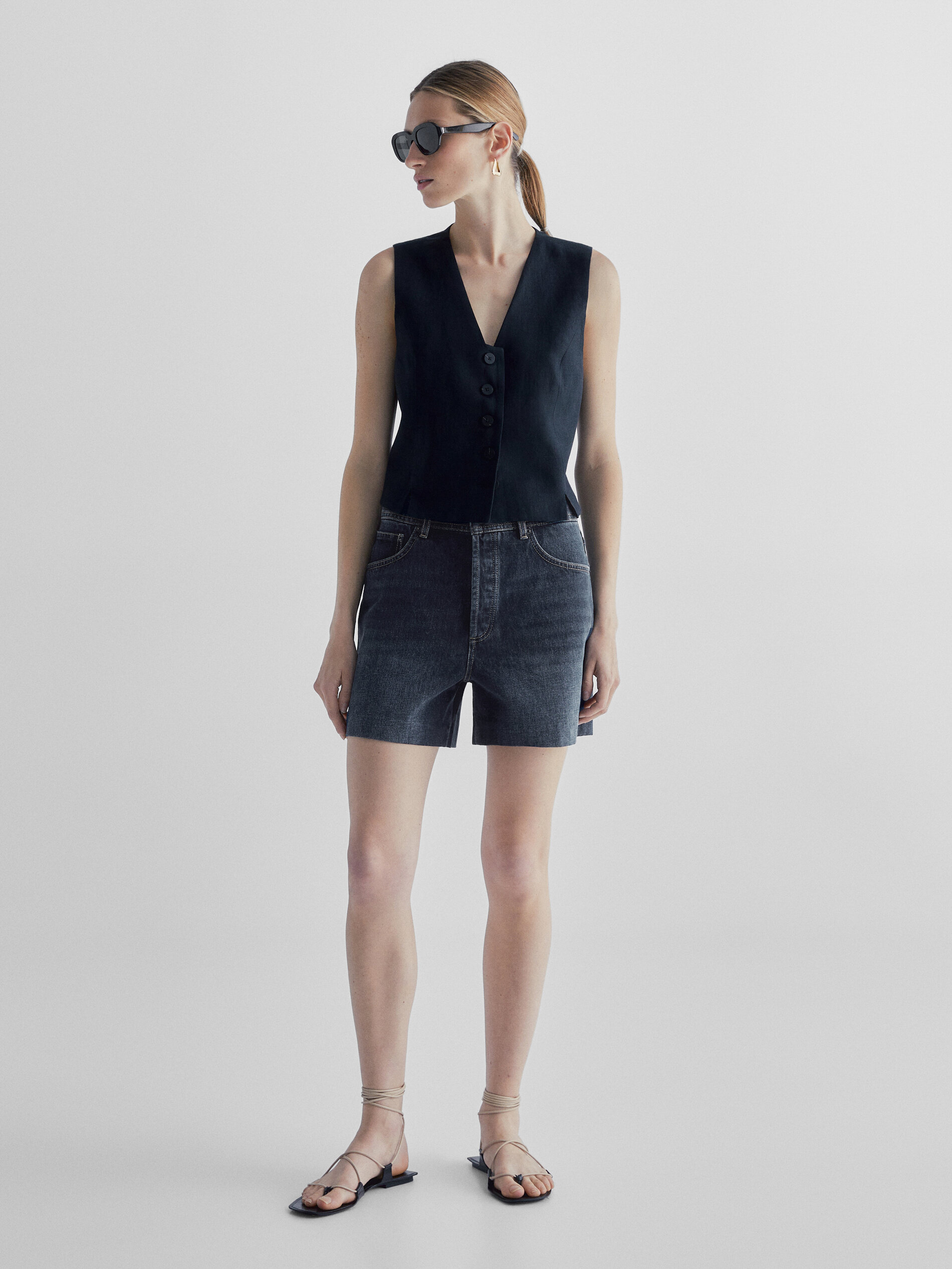 Short denim tiro alto bolsillo piel - AZUL MEDIO