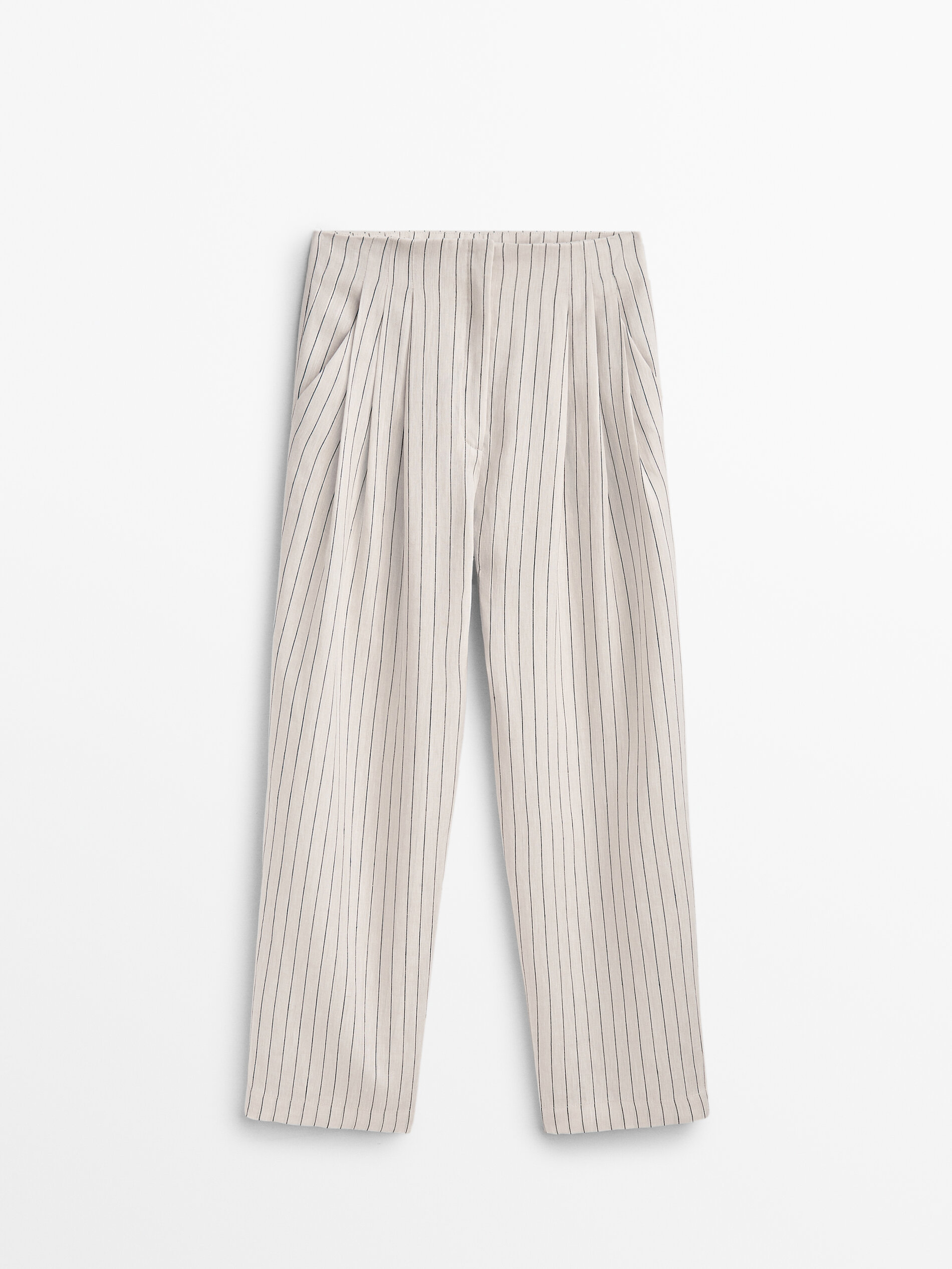 Pantalón lino pinzas rayas - CRUDO