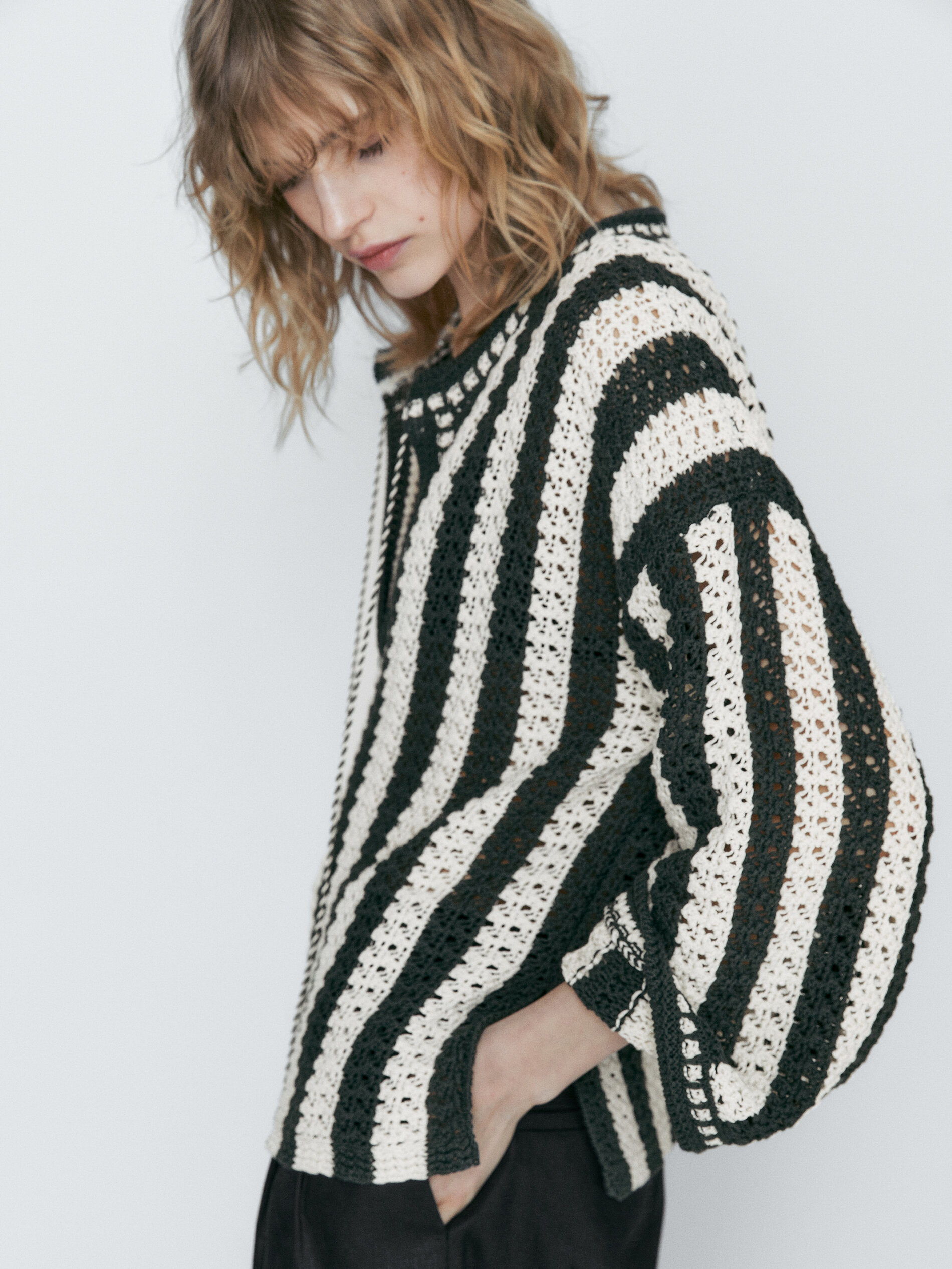 Jersey kaftán crochet rayas - VERDE OSCURO