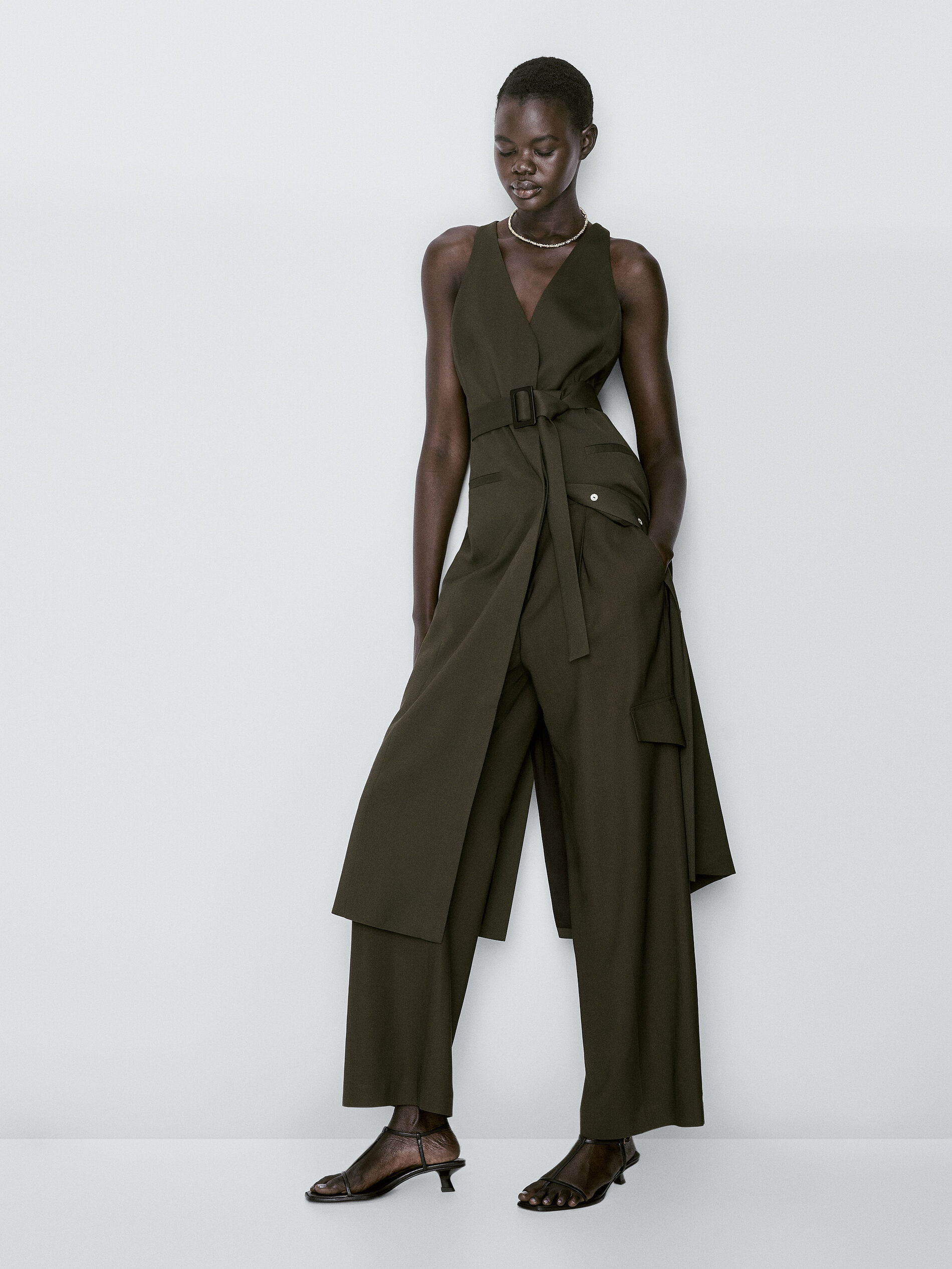 Vestido midi sastre cinturón - KAKI