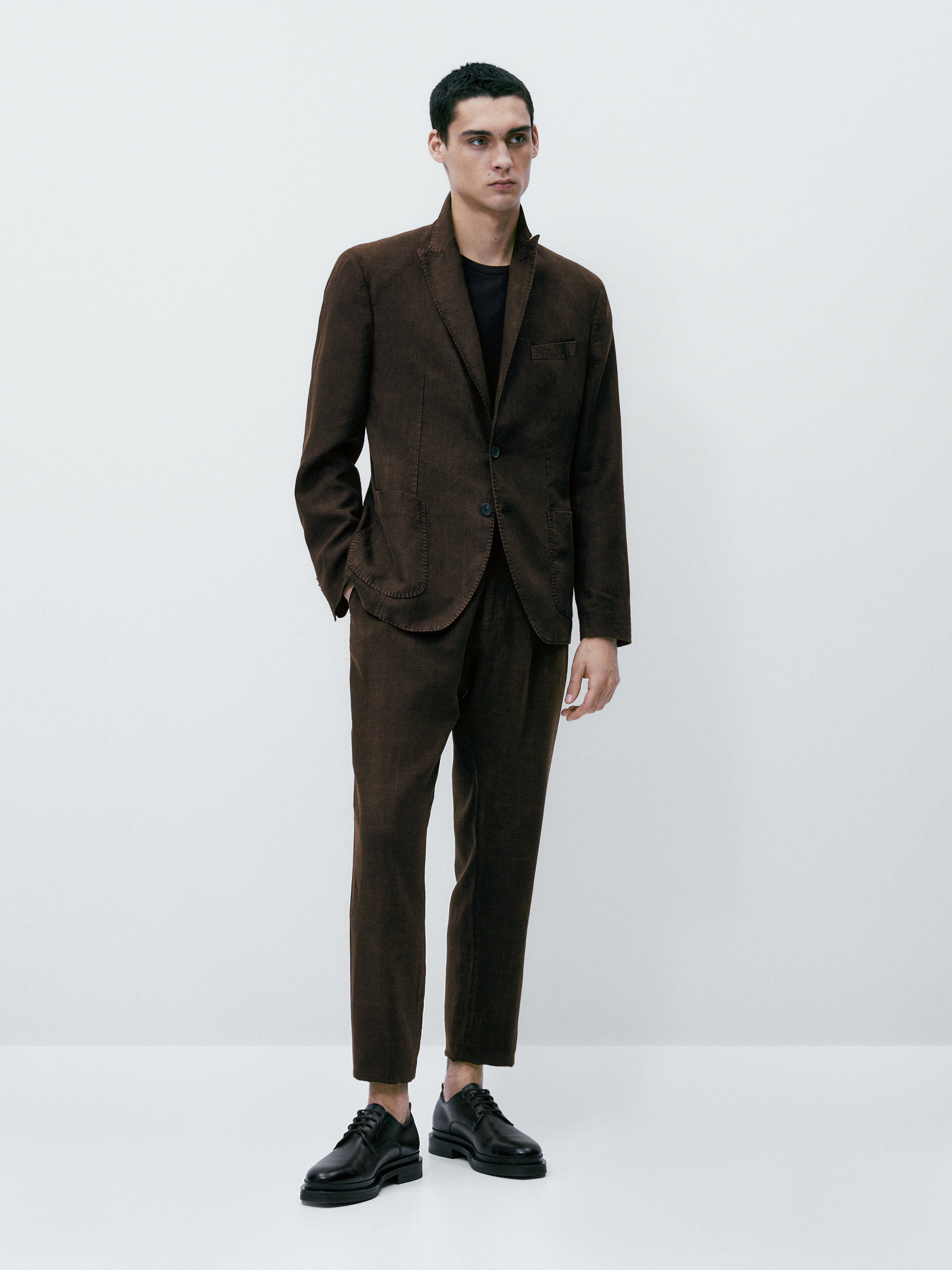 Pantalón traje con lino tintado falso cuadro - MARRÓN