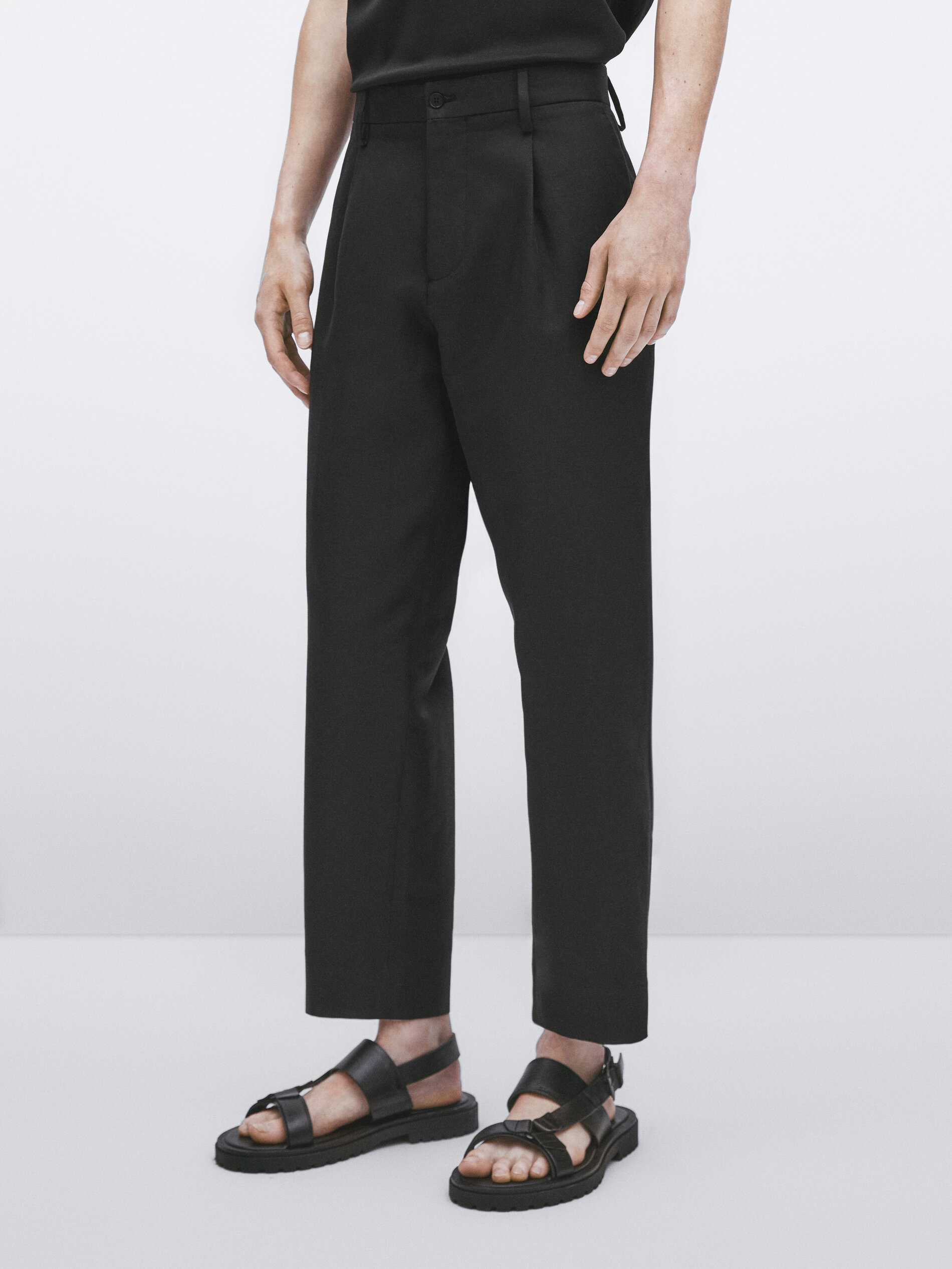 Pantalón traje con algodón y lino -Studio - CARBÓN