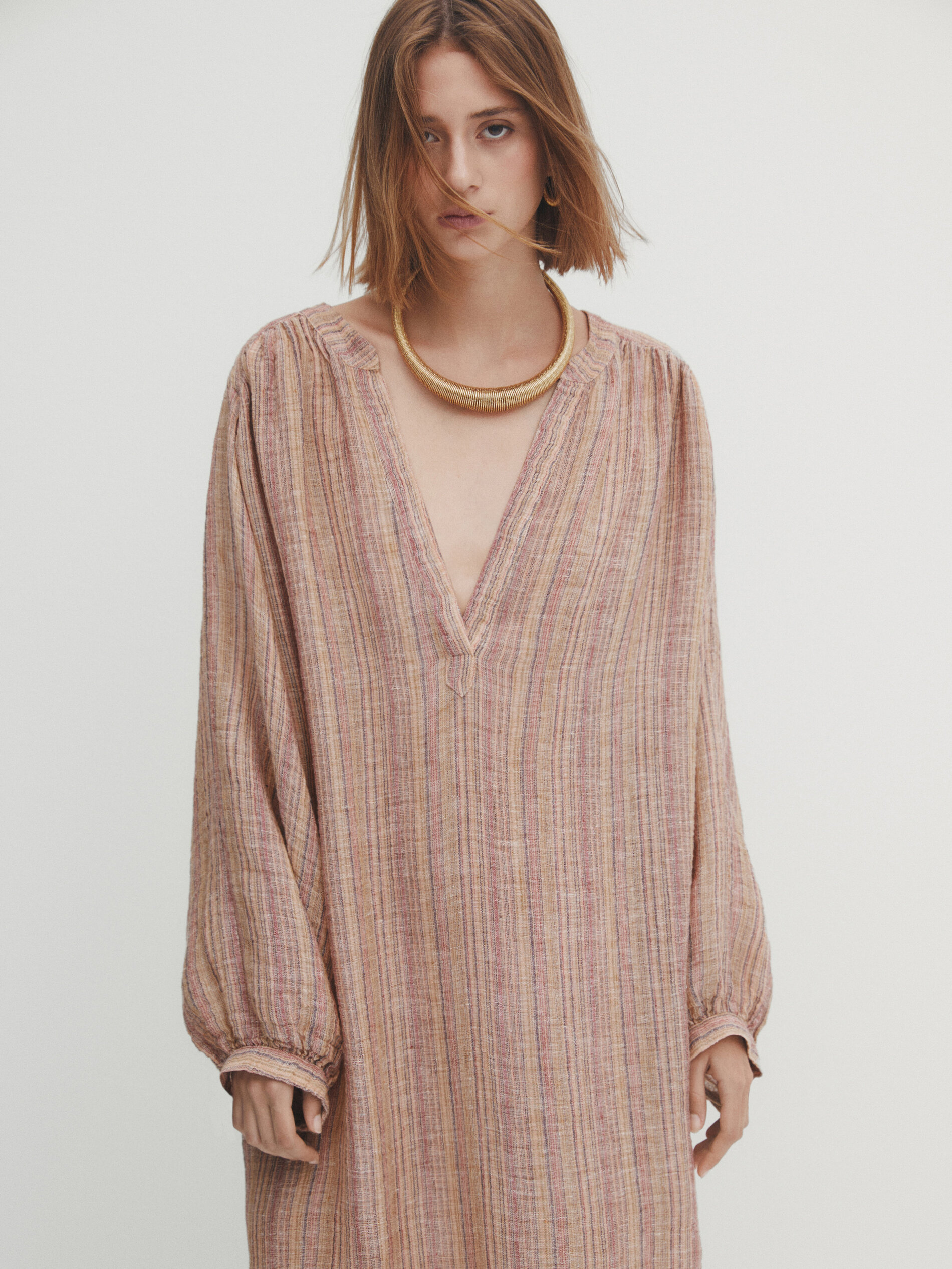 Vestido túnica rayas mezcla lino - Combinado