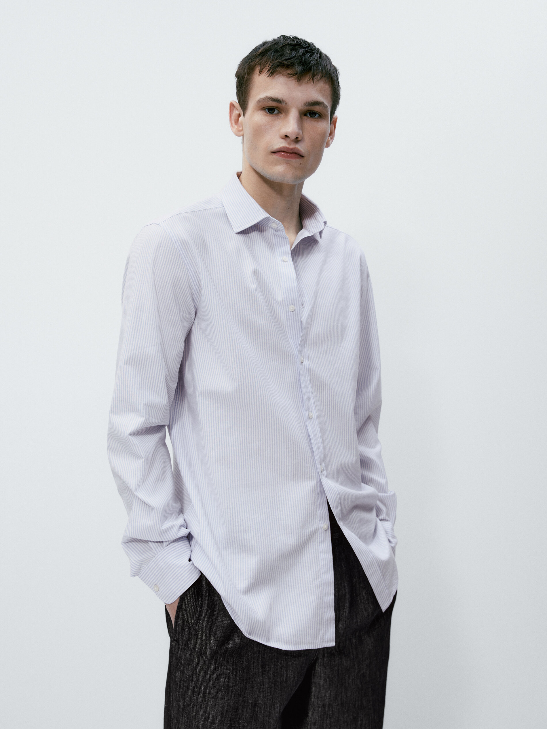 Camisa oxford rayas algodón slim fit - CELESTE