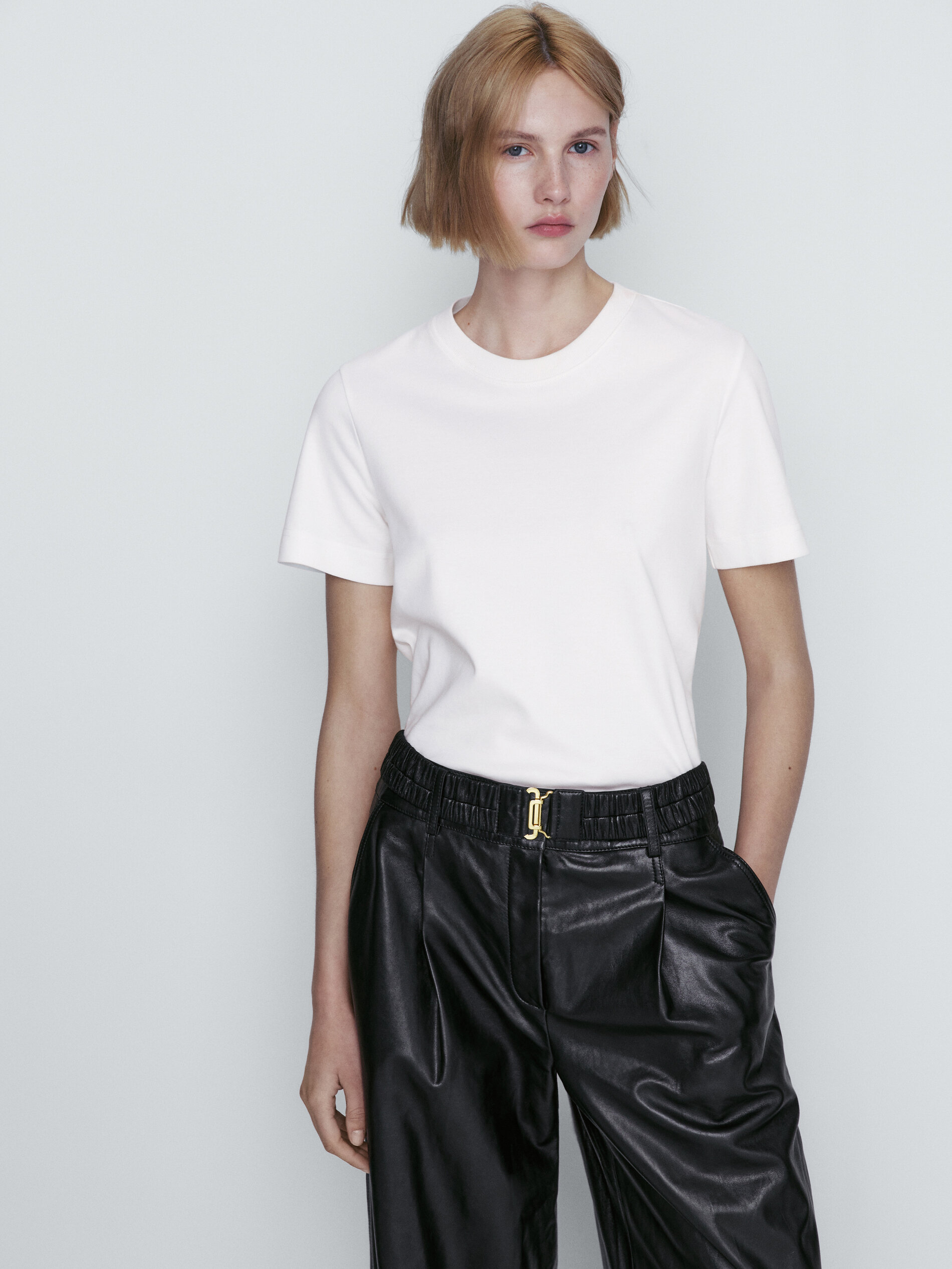 Pantalón ancho piel napa cinturón - NEGRO