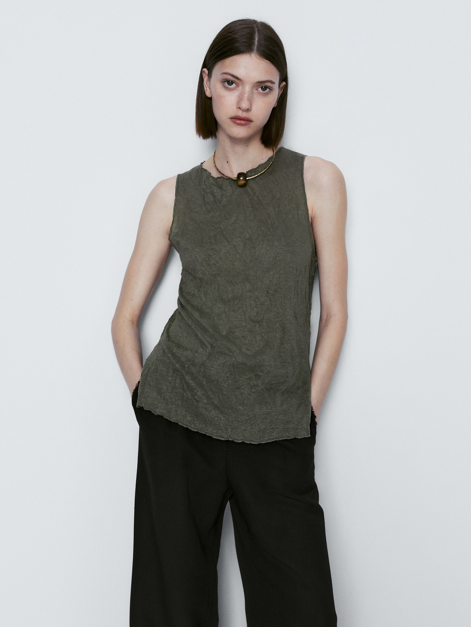 Camiseta mezcla lino efecto arrugado - KAKI CLARO