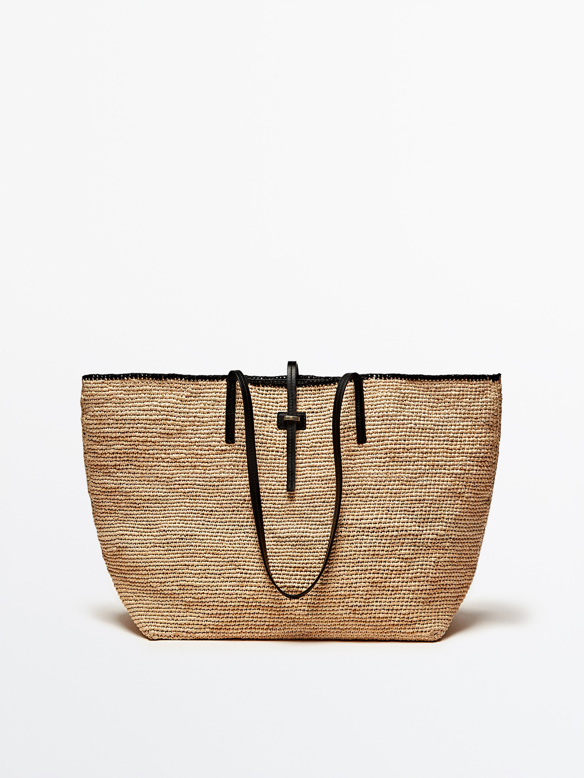 Bolso shopper rafia asas piel - BEIGE