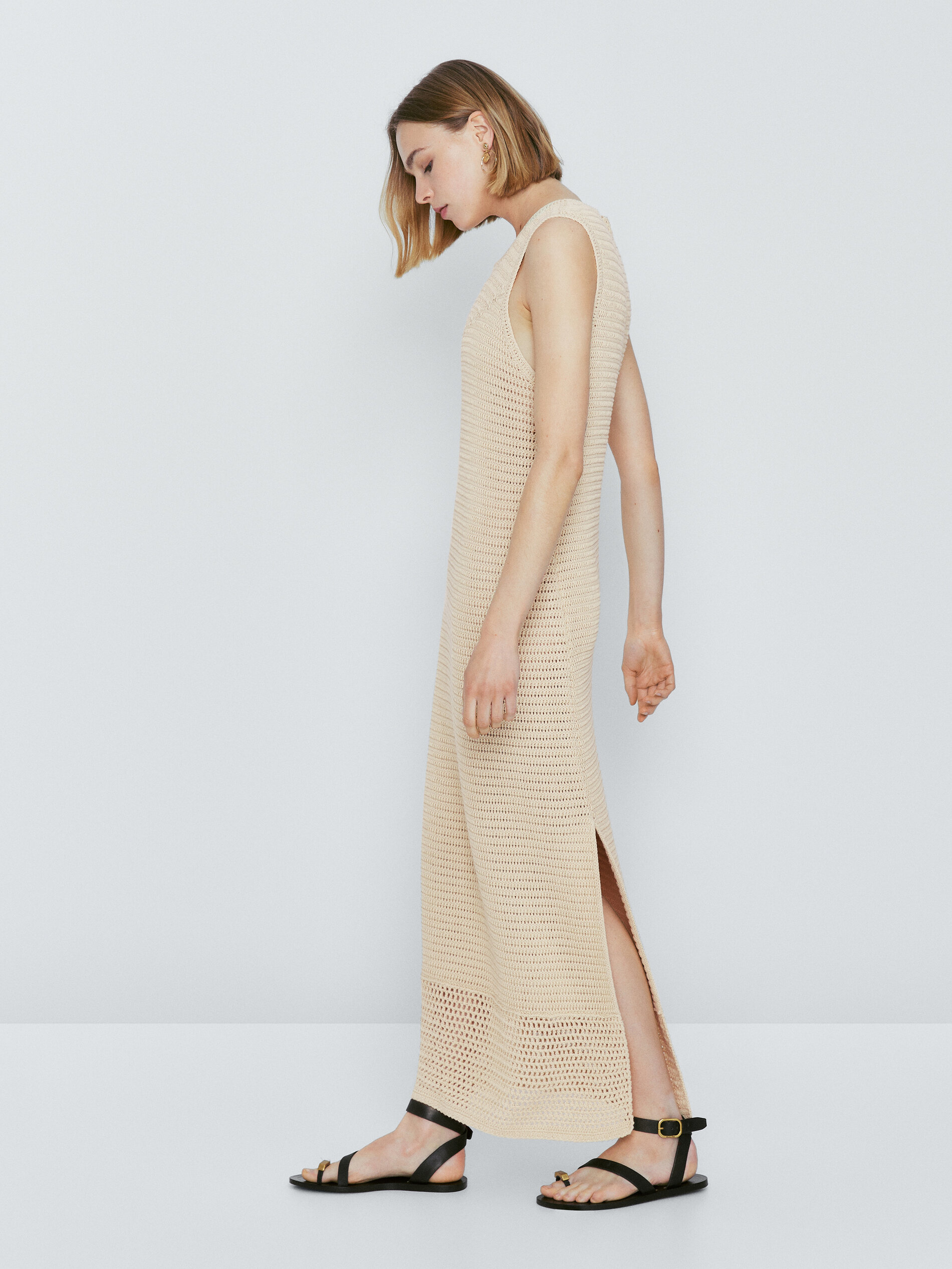 Vestido largo punto crochet - BEIGE