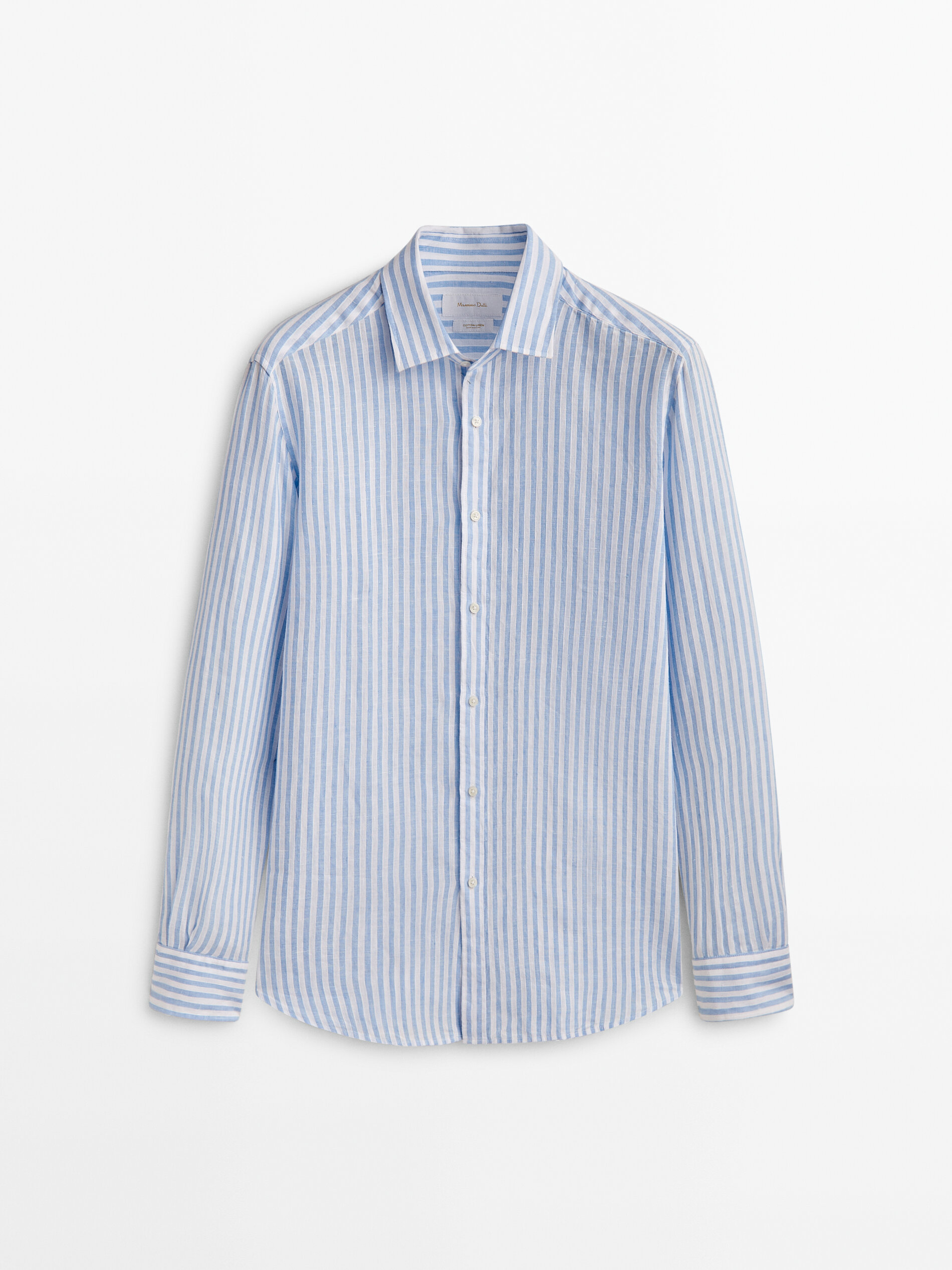 Camisa rayas mezcla lino algodón slim fit - CELESTE