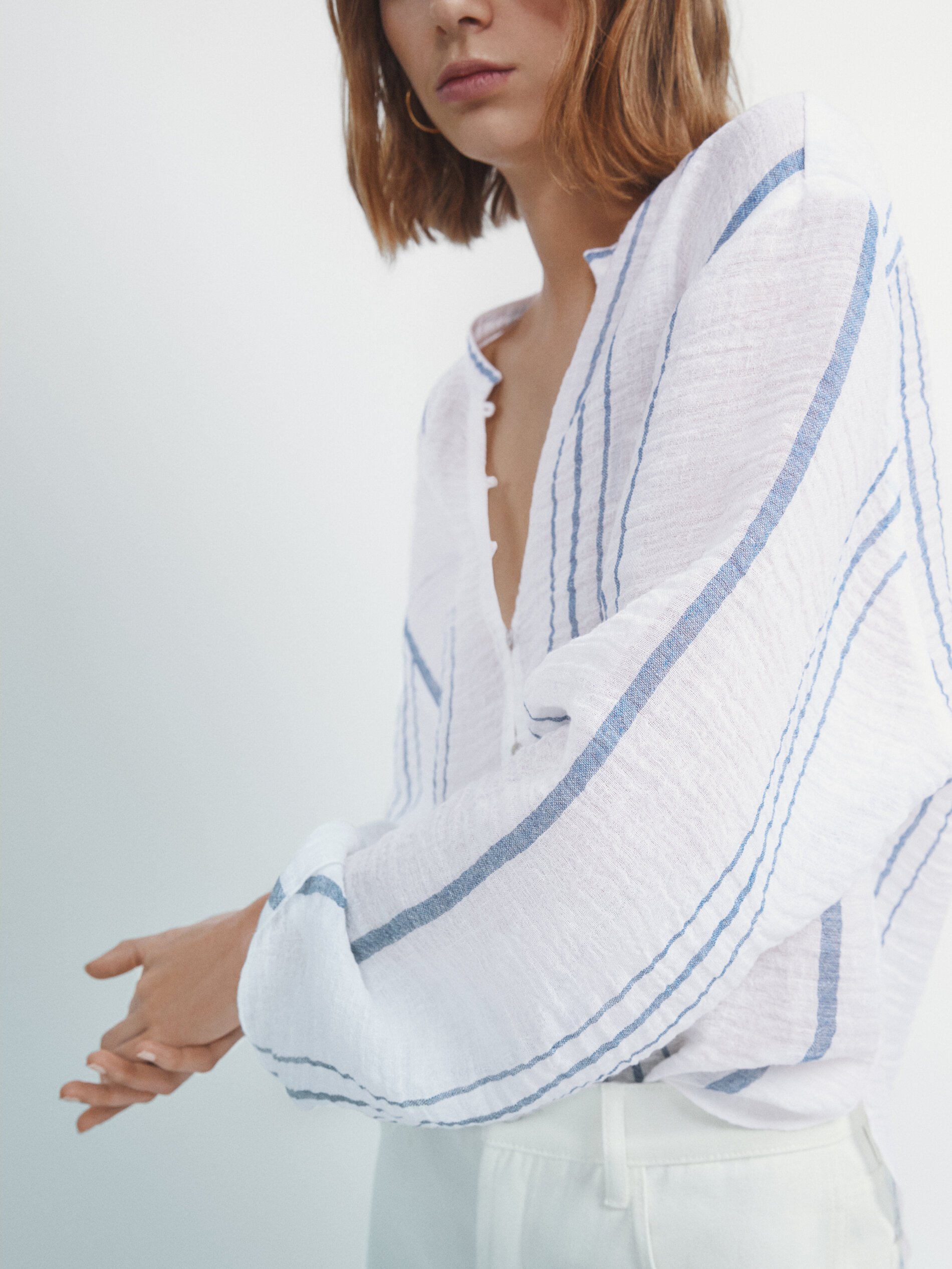 Camisa rayas mezcla lino gofrado - BLANCO