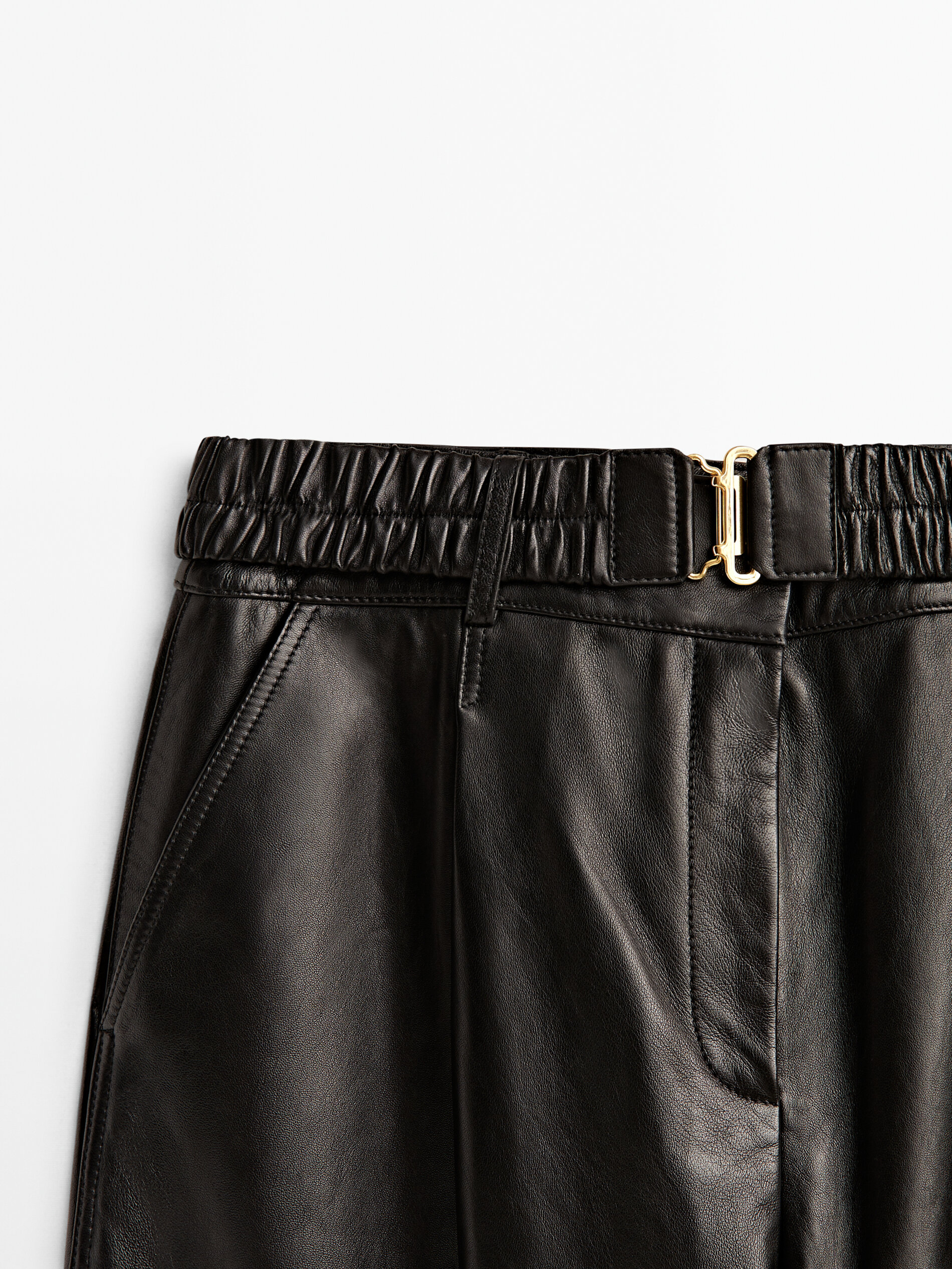 Pantalón ancho piel napa cinturón - NEGRO